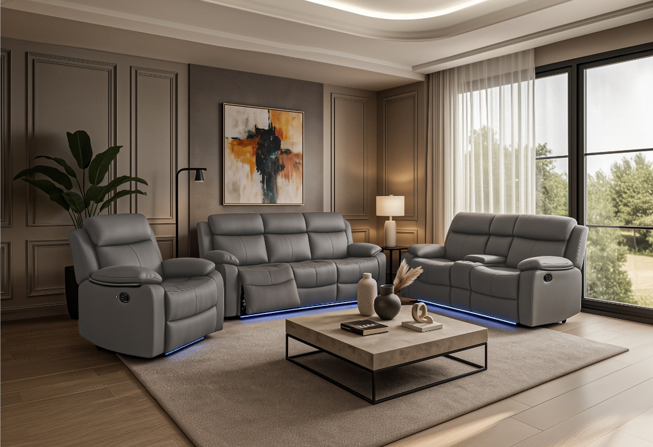 U6026 GREY 46A PU RECLINING SOFA/CONSOLE RECLINING LOVESEAT/GLIDER RECLINER