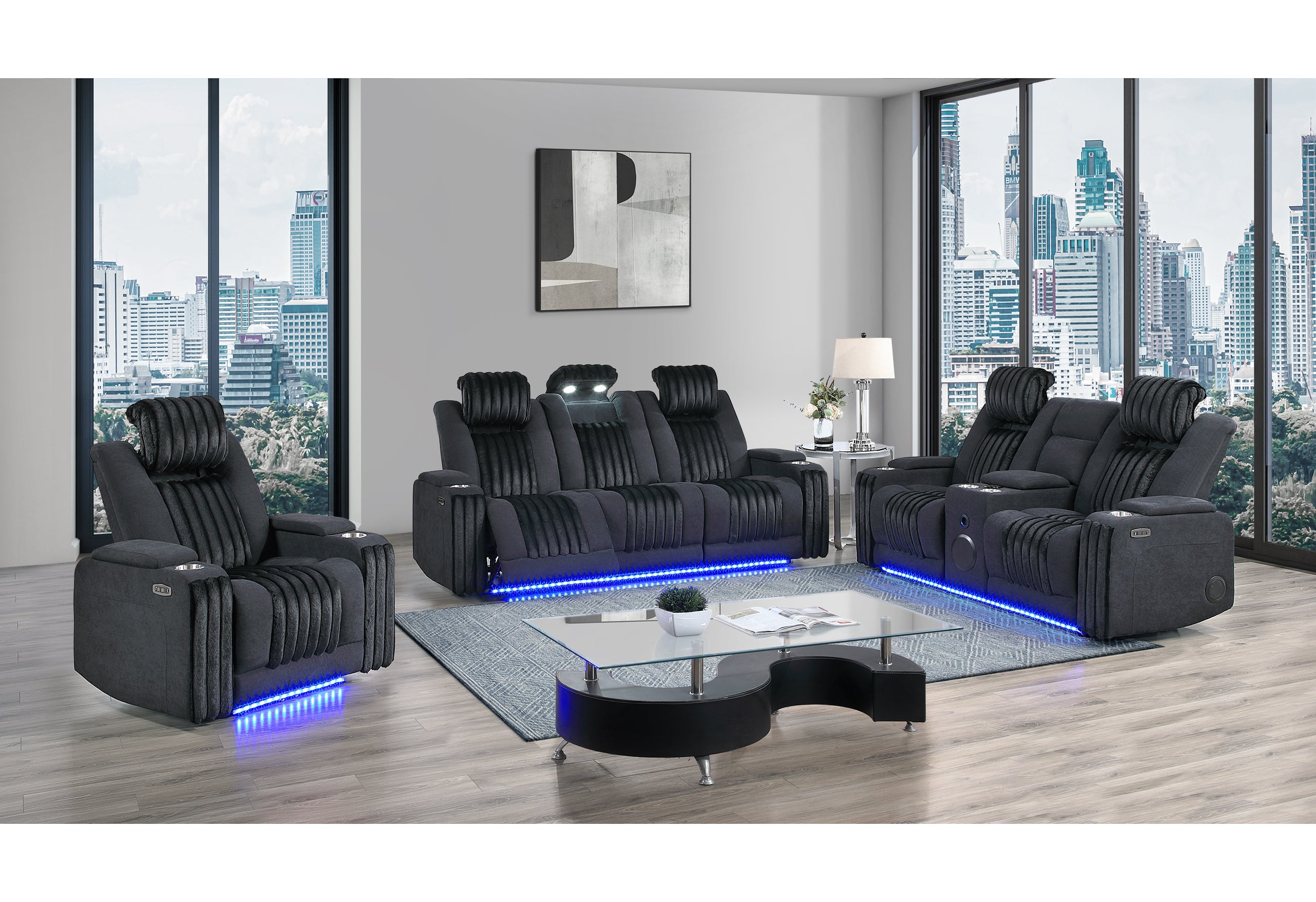 U8000 BLACK POWER CONSOLE RECLINING LOVESEAT/ POWER RECLINING SOFA W/ POWER HEADREST