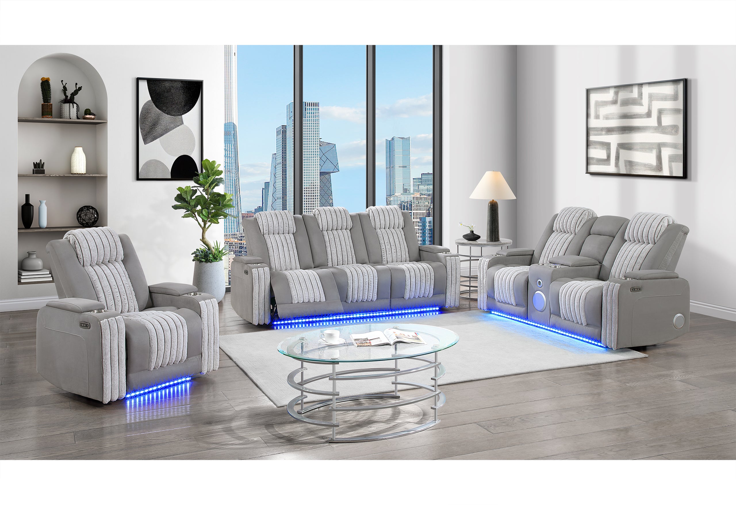 U8000 GREY POWER CONSOLE RECLINING LOVESEAT W POWER HEADREST LED & BLUETOOTH SPEAKER/ POWER RECLINING SOFA W POWER HEADREST DDT TABLE READING LIGHT & LED/ POWER RECLINER W POWER HEADREST LED