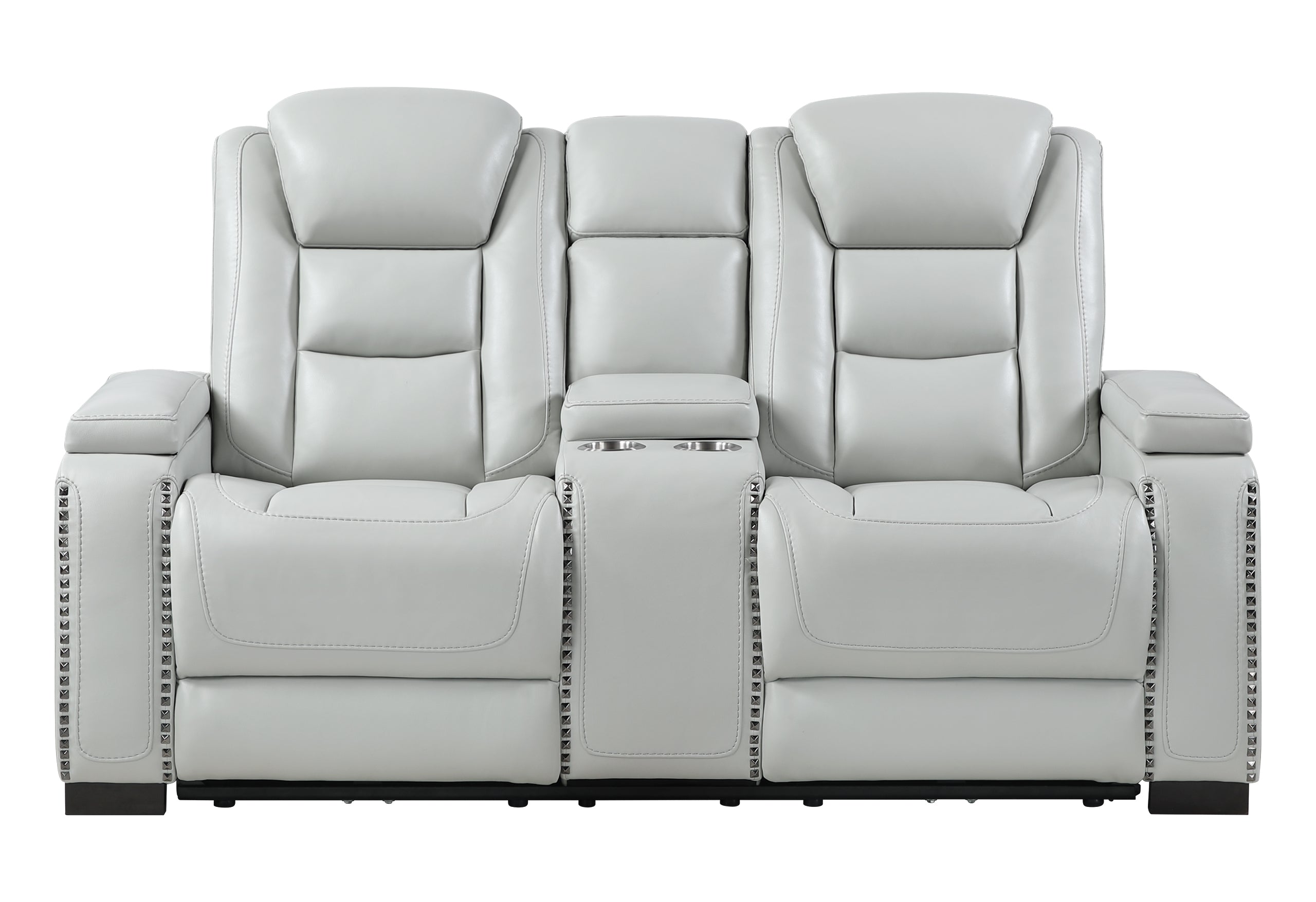 U8609 GREY POWER CONSOLE RECLINING LOVESEAT W/POWER HEADREST, USB, OUTLET, LED AND BOOKSHELF ARM