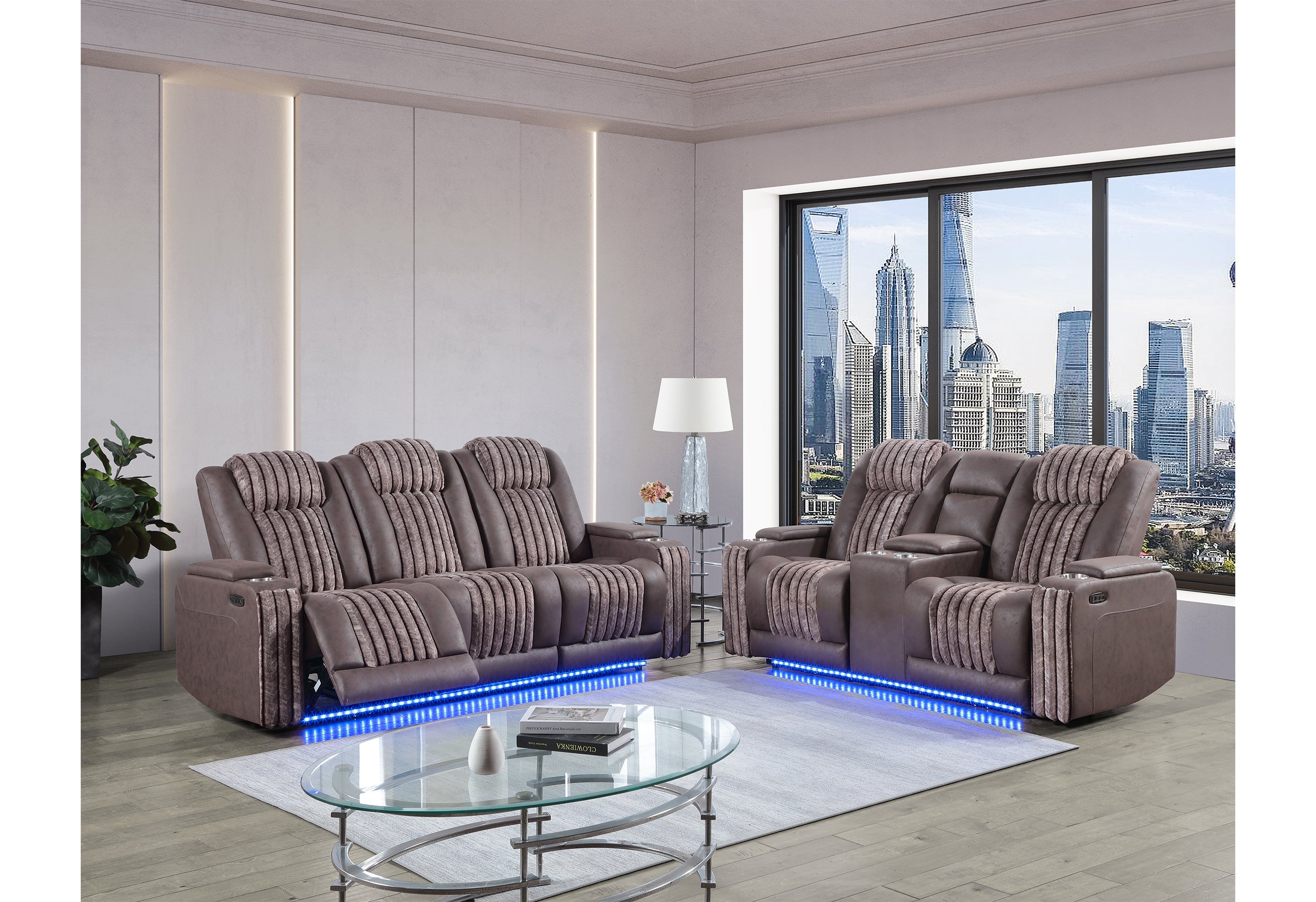 U8000 BROWN POWER CONSOLE RECLINING LOVESEAT/ POWER RECLINING SOFA W/ POWER HEADREST