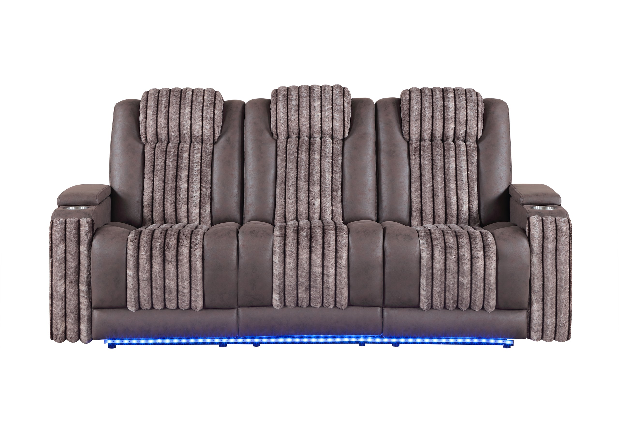U8000 BROWN POWER RECLINING SOFA W/POWER HEADREST, DROPDOWN TABLE W/ WOOD TRIM & READING LIGHT, & LED LIGHT