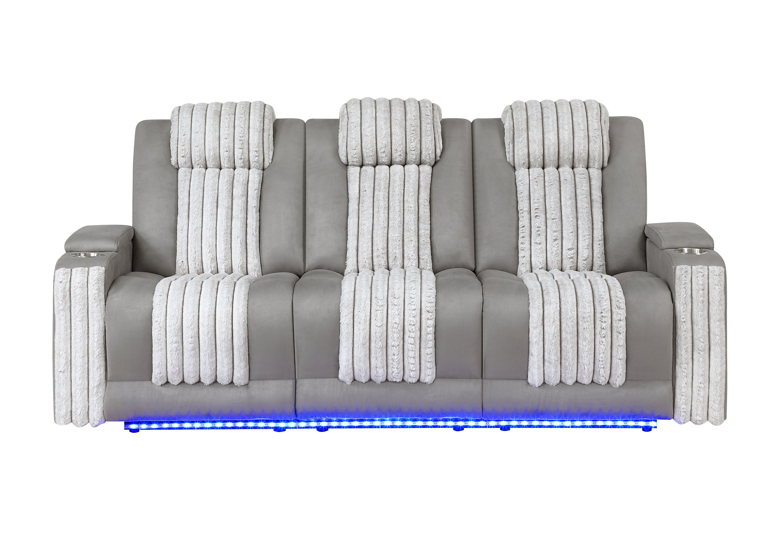 U8000 GREY POWER RECLINING SOFA W/POWER HEADREST, DROPDOWN TABLE W/ WOOD TRIM & READING LIGHT, & LED LIGHT