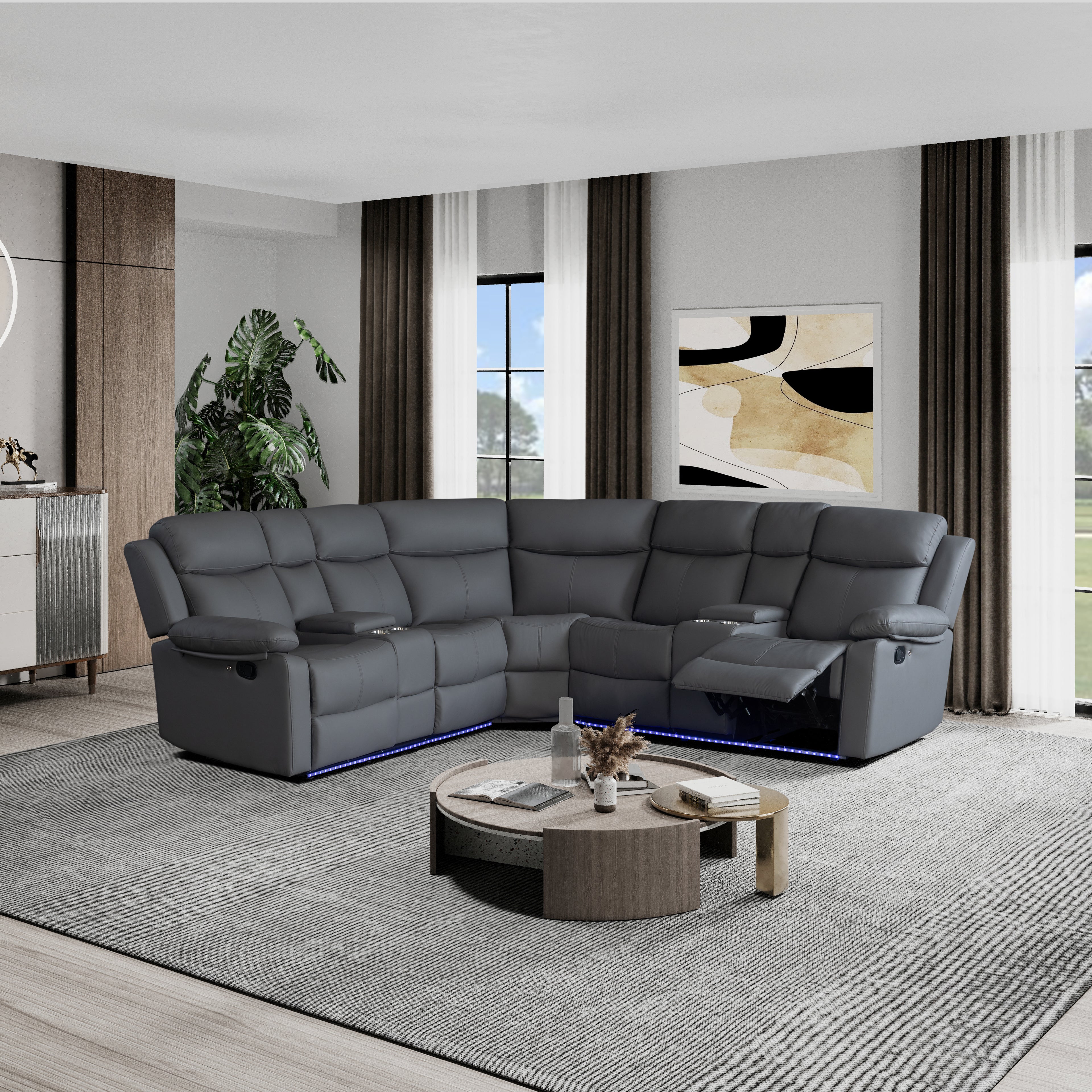 U6026 GREY PU 46A RECLINING SOFA, CONSOLE RECLINING LOVESEAT WITH SPEAKER
