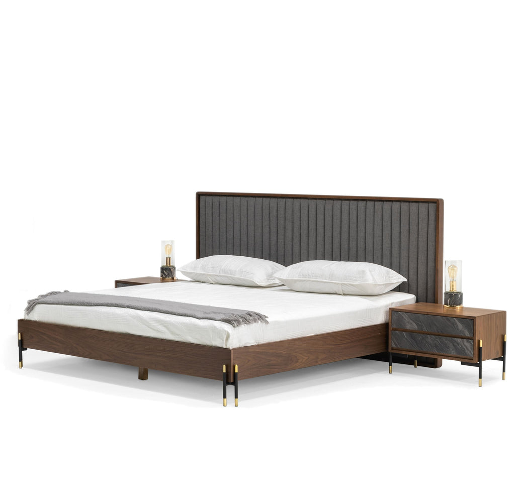 Metcalf - Mid-Century Walnut & Grey Bed with Two Nightstands - Mid - Century Walnut & Grey Bed with Two Nightstands - Queen