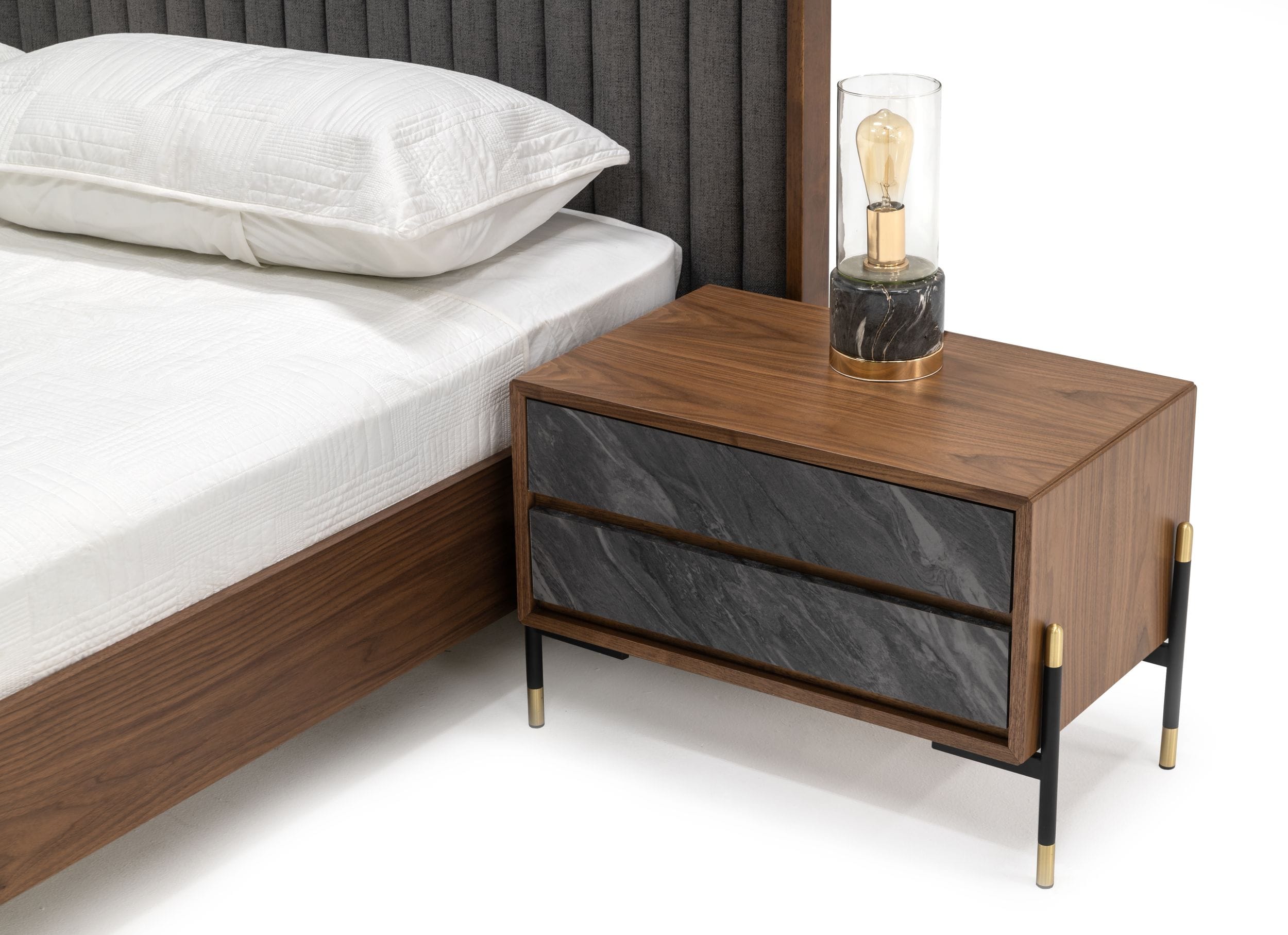 Metcalf - Mid-Century Walnut & Grey Bed with Two Nightstands - Mid - Century Walnut & Grey Bed with Two Nightstands