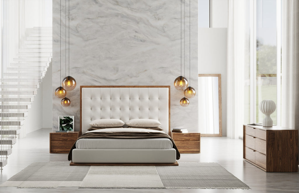 Amberlie - White Vegan Leather & Walnut Bed - White Vegan Leather & Walnut Bed