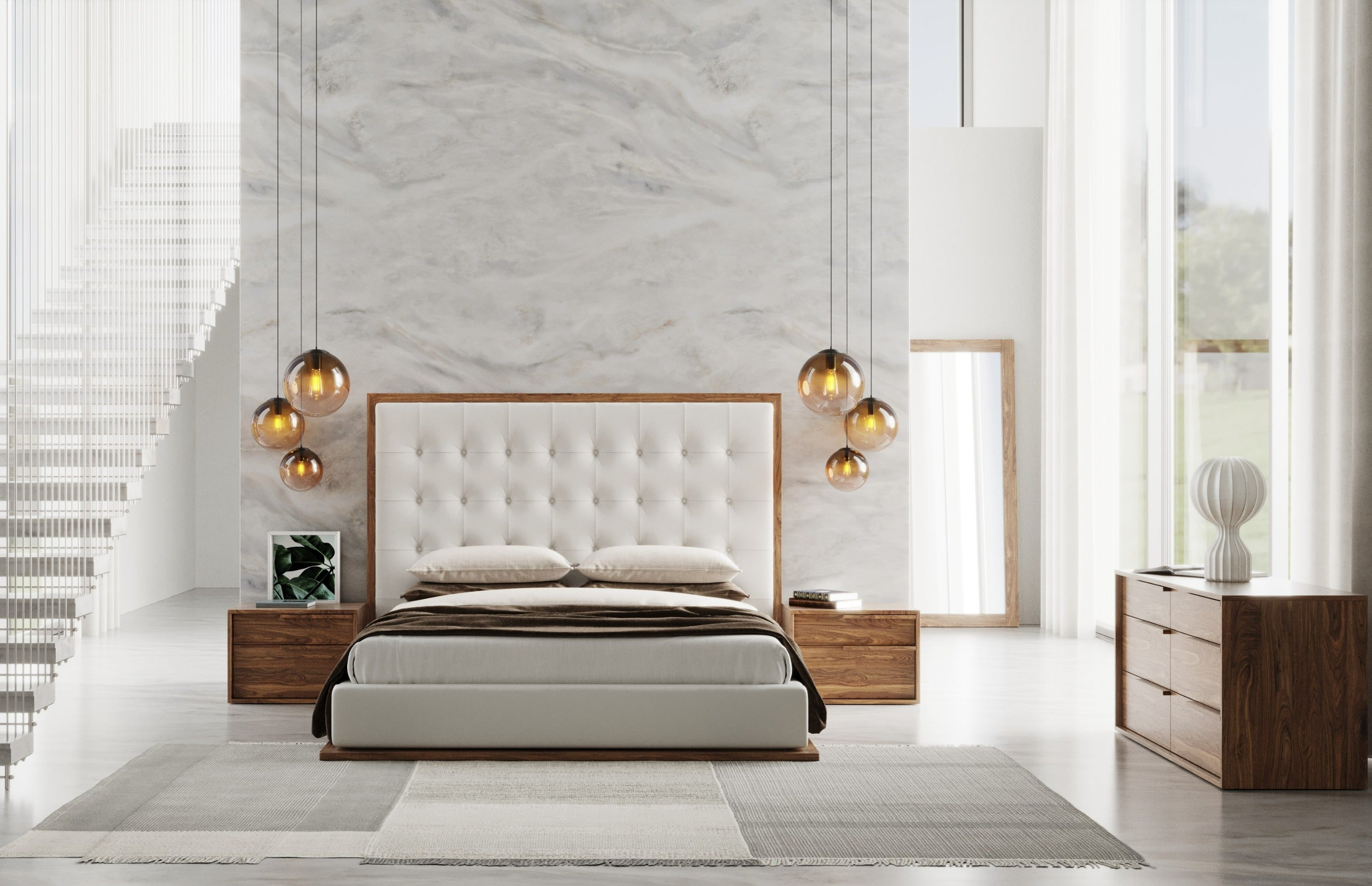 Amberlie - White Vegan Leather & Walnut Bed - White Vegan Leather & Walnut Bed