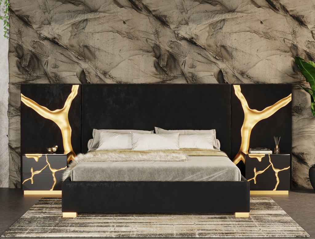 Aspen - Glam Black Velvet & Gold Bed - Glam Black Velvet & Gold Bed