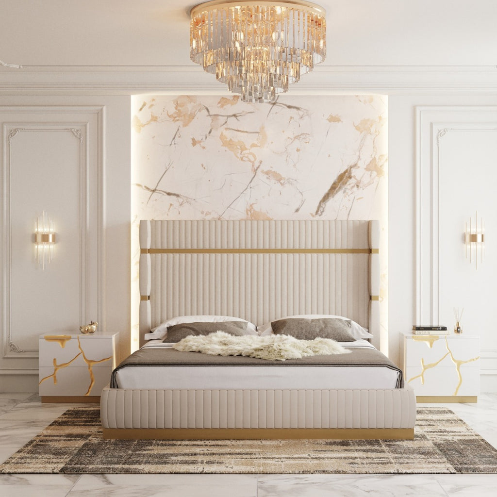 Queen Sterling Modern Beige Bonded Leather & Gold Bed