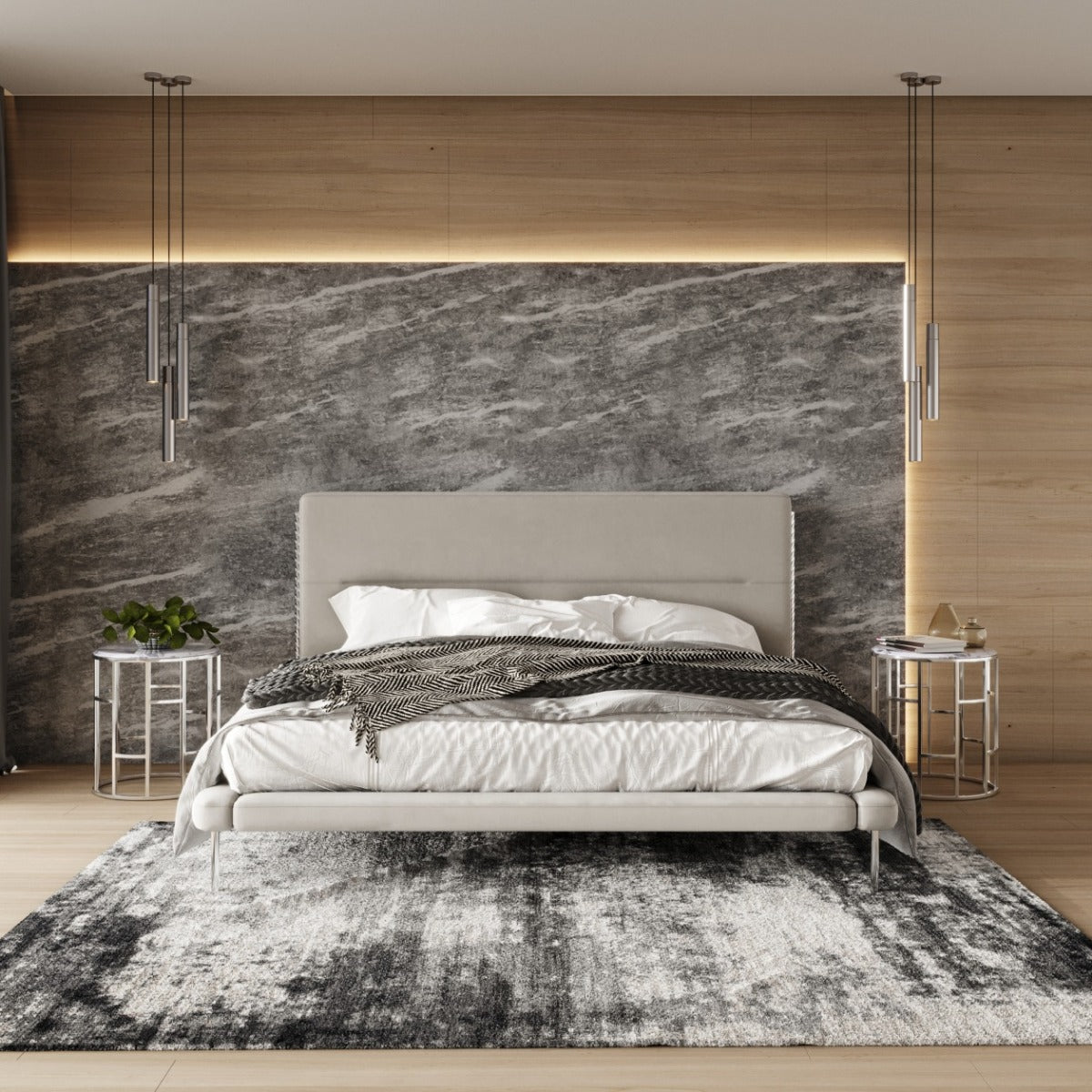 Bergeron - Eastern King Contemporary Cream Woven Fabric Bed - Eastern King Contemporary Cream Woven Fabric Bed