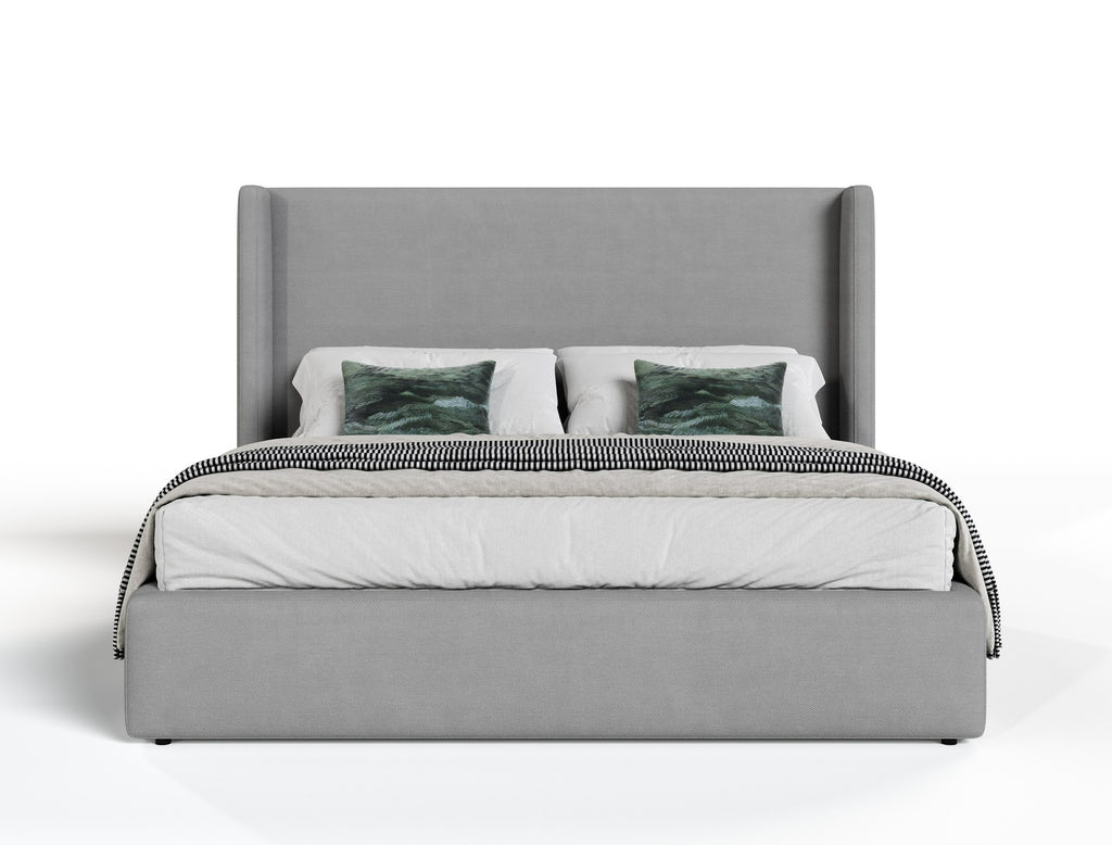 Byrne + Asus - Modern Grey Fabric + Elm Grey Bed & 2 Nightstands - Modern Grey Fabric + Elm Grey Bed & 2 Nightstands