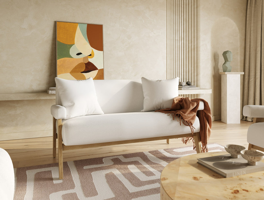 Cynthia - Modern White Fabric + Wood Loveseat