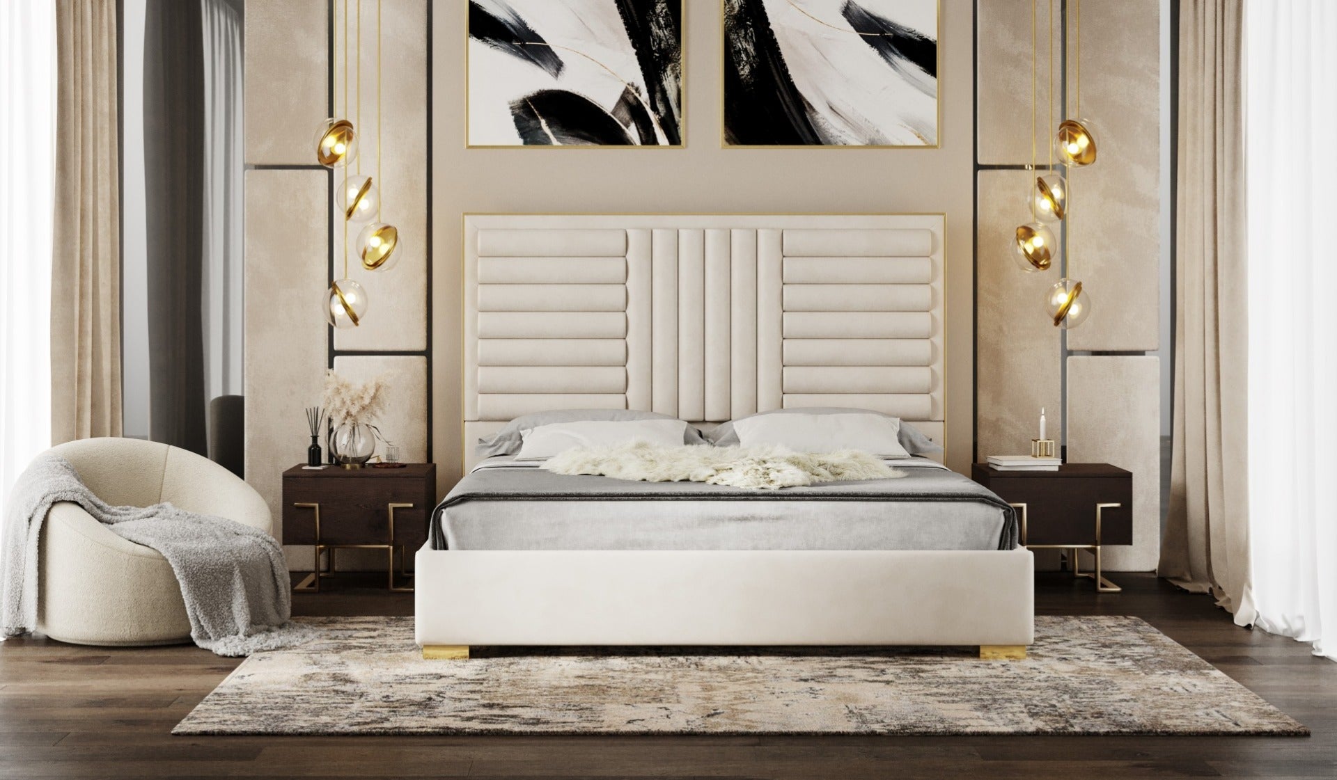 Daystar - Modern Beige Velvet & Gold Bed - Modern Beige Velvet & Gold Bed