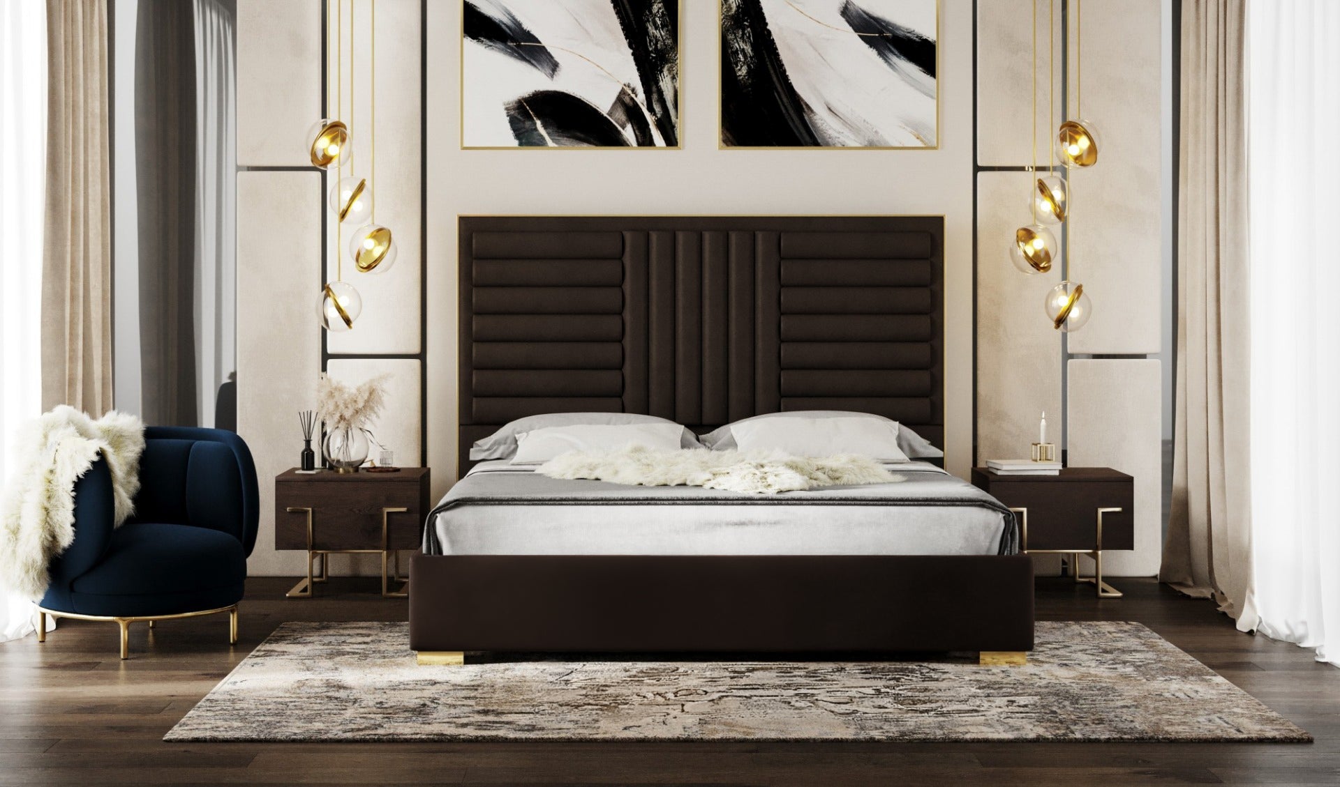 Daystar - Modern Dark Brown Velvet & Gold Bed - Modern Dark Brown Velvet & Gold Bed