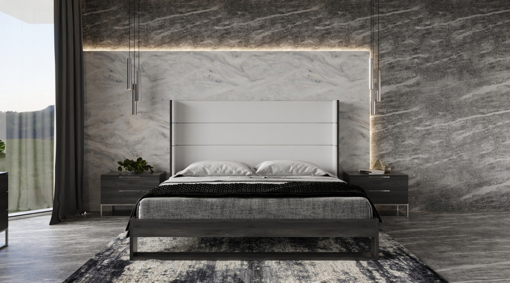Heloise - Eastern King Contemporary White Leather & Grey Elm Trim Bed - Eastern King Contemporary White Leather & Grey Elm Trim Bed