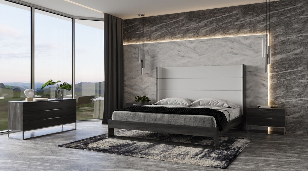 Heloise - Eastern King Contemporary White Leather & Grey Elm Trim Bed - Eastern King Contemporary White Leather & Grey Elm Trim Bed