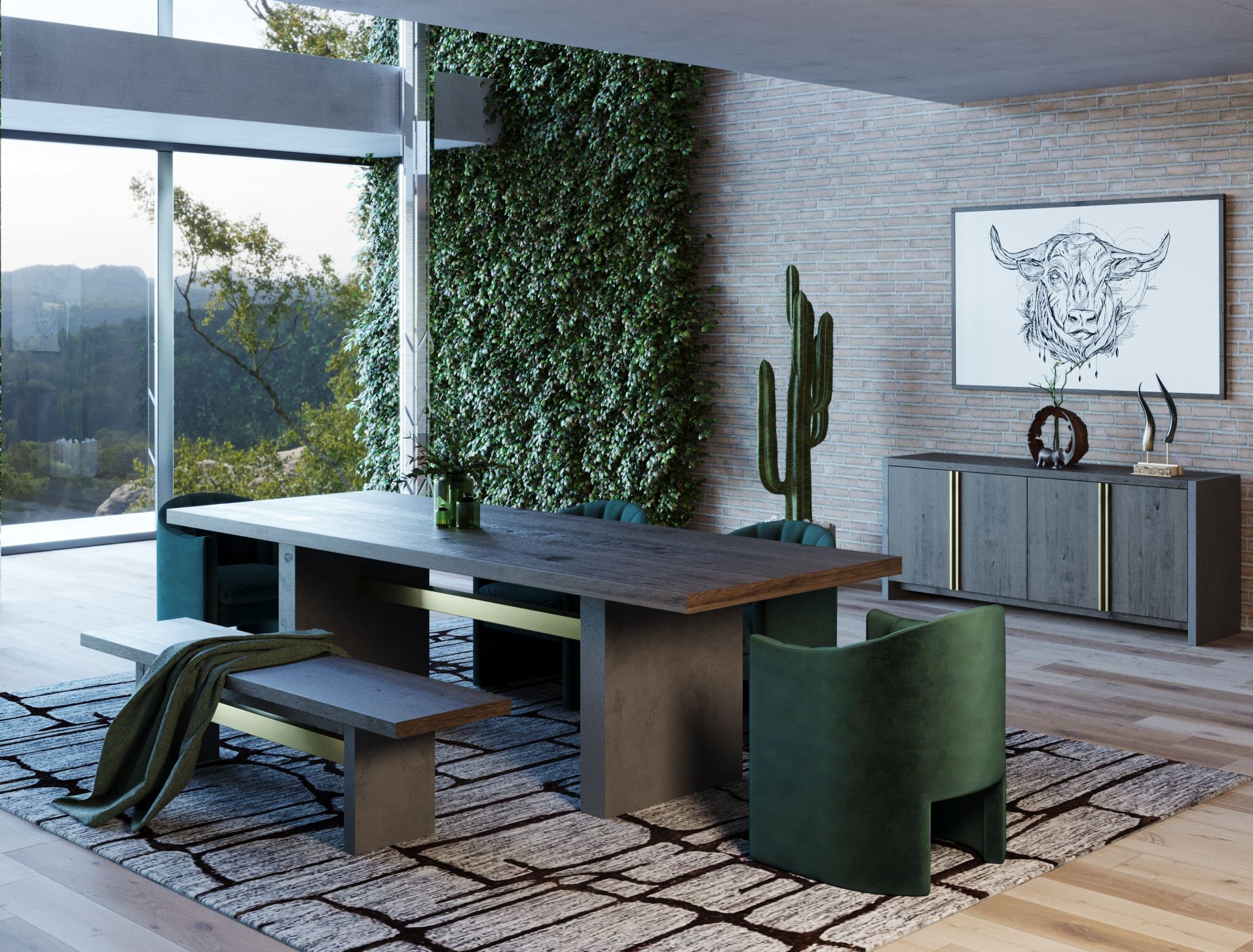 June - Modern Dark Grey Concrete & Walnut Dining Bench