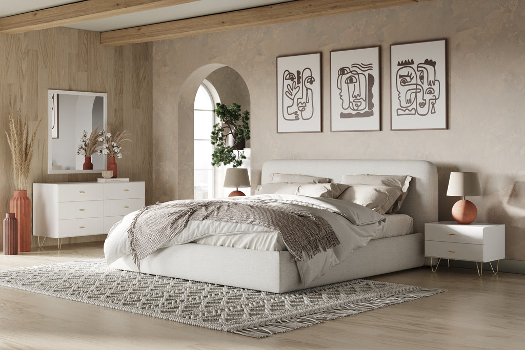 Eastern King Liam - Modern Ivory Fabric Upholstered Bed - Modern Ivory Fabric Upholstered Bed