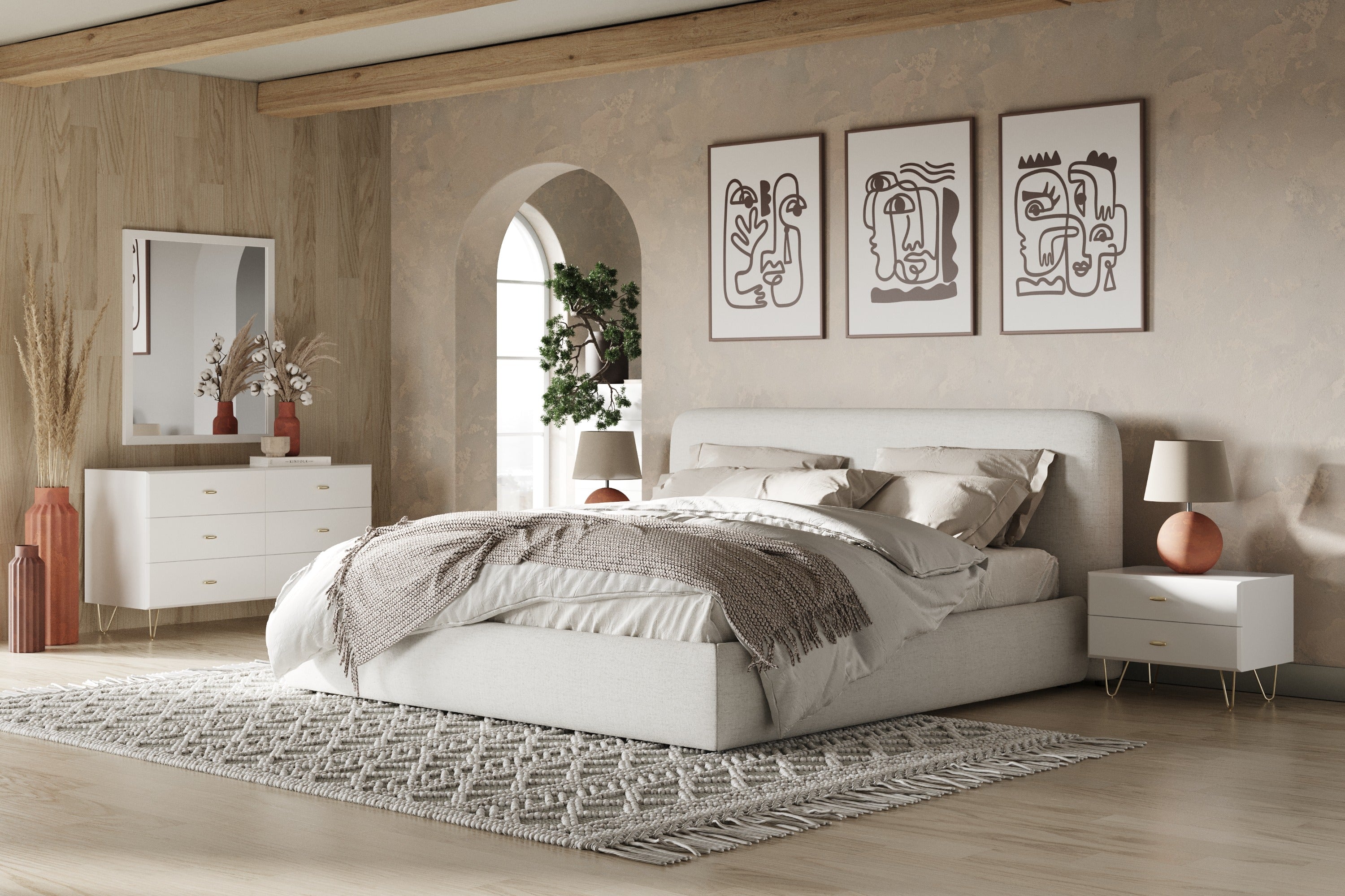 Eastern King Liam - Modern Ivory Fabric Upholstered Bed - Modern Ivory Fabric Upholstered Bed