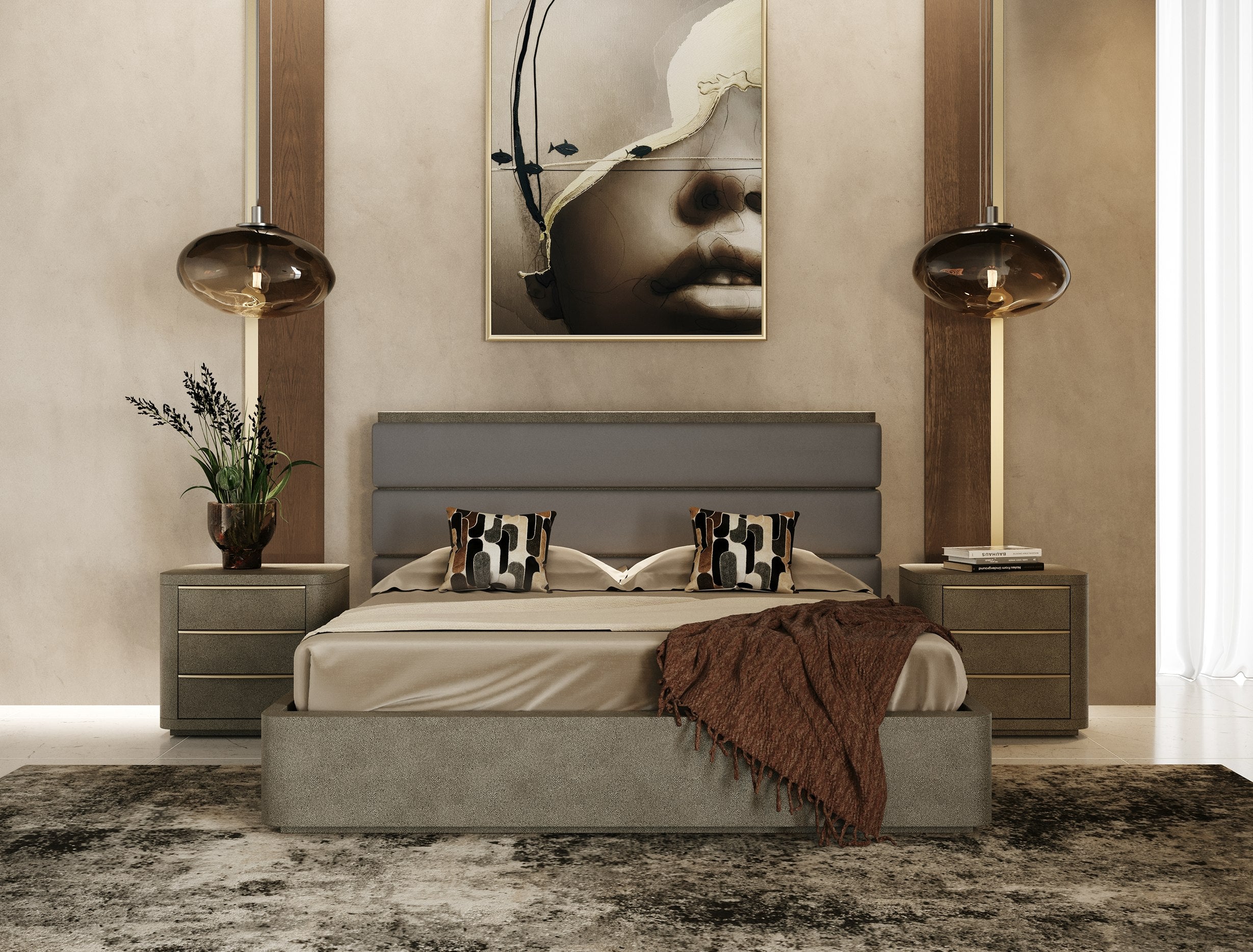 Lois - Modern Beige Shagreen + Brass Nightstand