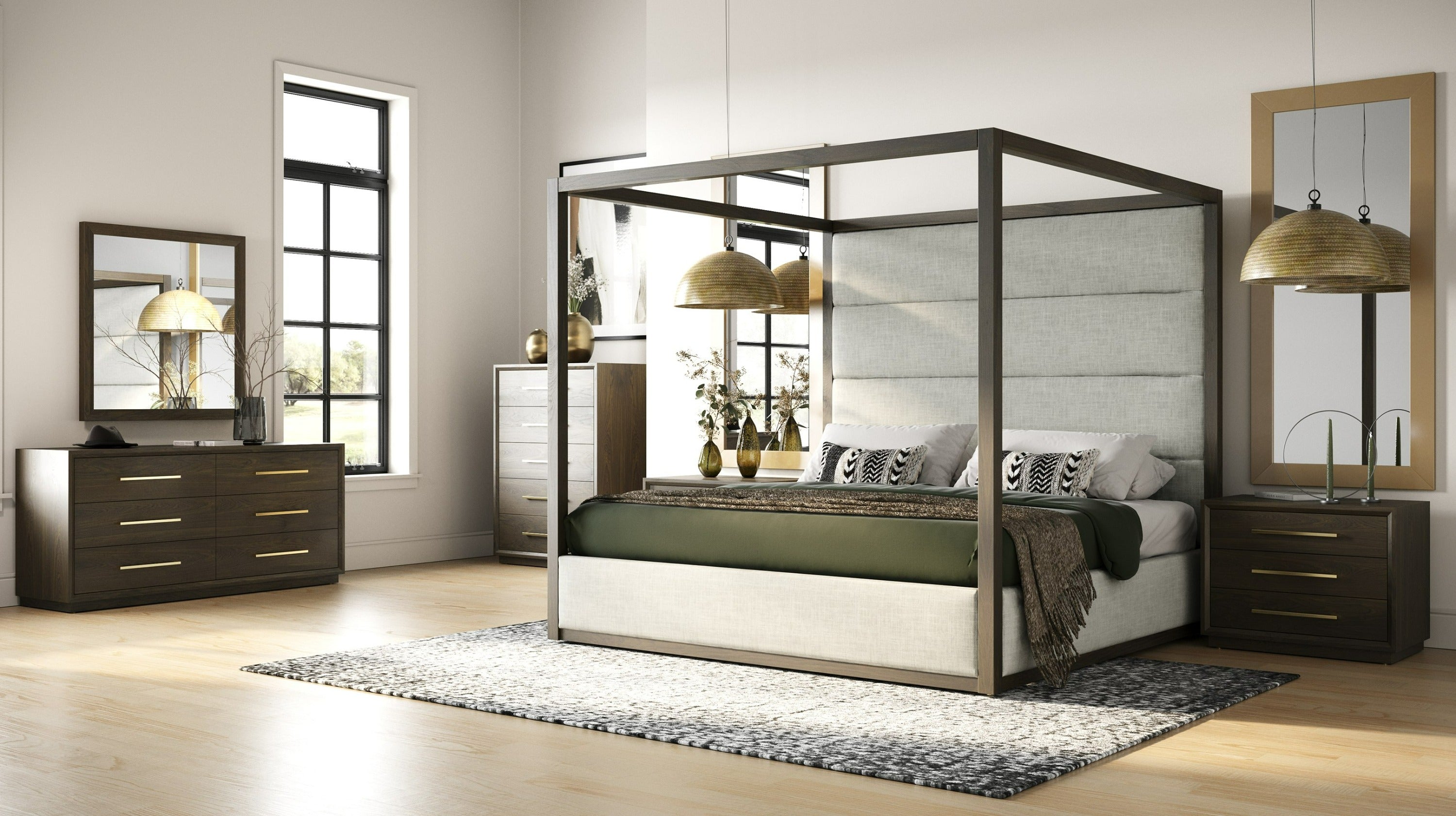 Manhattan - Contemporary Canopy Brown Oak Bed - Contemporary Canopy Brown Oak Bed