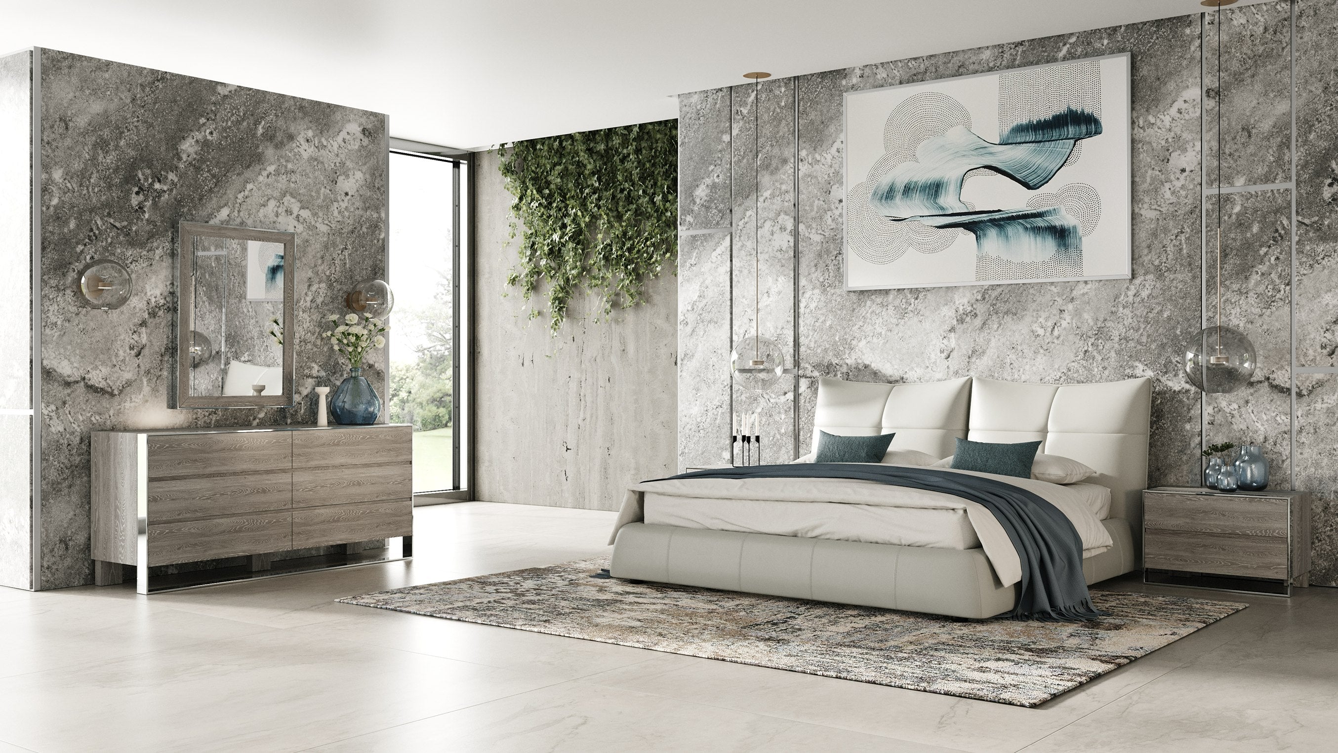 Patrick - Modern Light Grey Leather Bed - Modern Light Grey Leather Bed