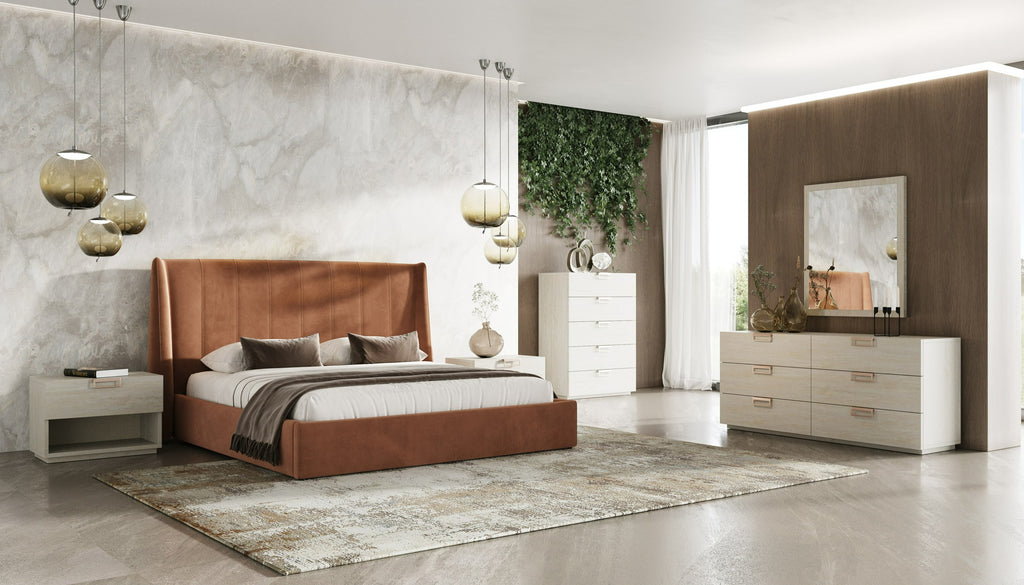 Roma + Lago - Modern Burnt Orange Velvet + Faux Travertine Bed + Nightstands Set - Modern Burnt Orange Velvet + Faux Travertine Bed + Nightstands Set