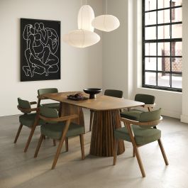 Sacks - Mid-Century Modern Green Fabric + Herringbone Walnut Dining Set