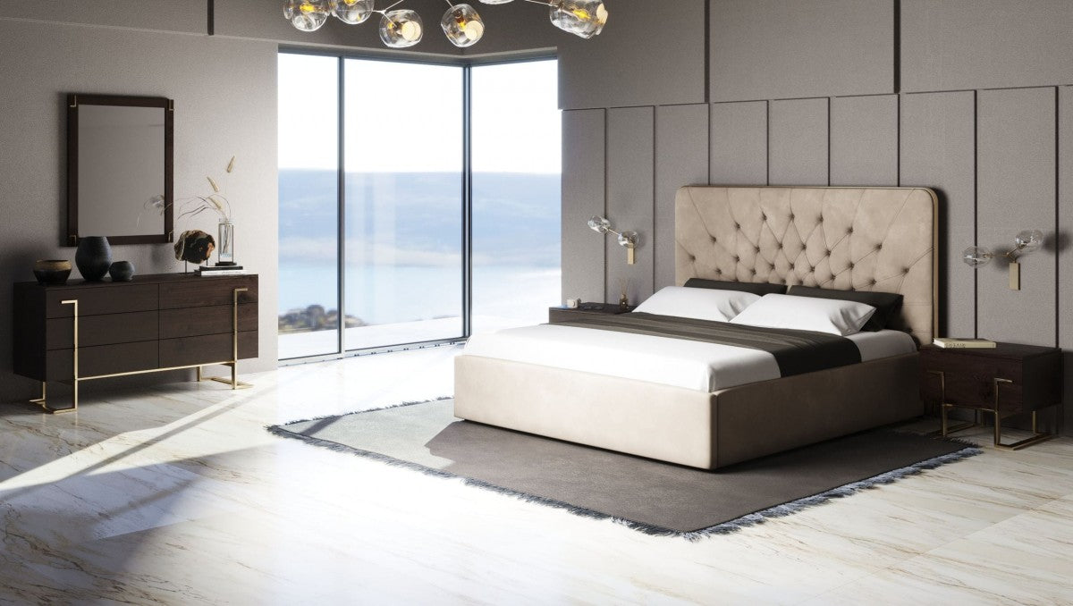 Moontide - Eastern King Glam Beige Velvet and Brushed Brass Bed - Eastern King Glam Beige Velvet and Brushed Brass Bed