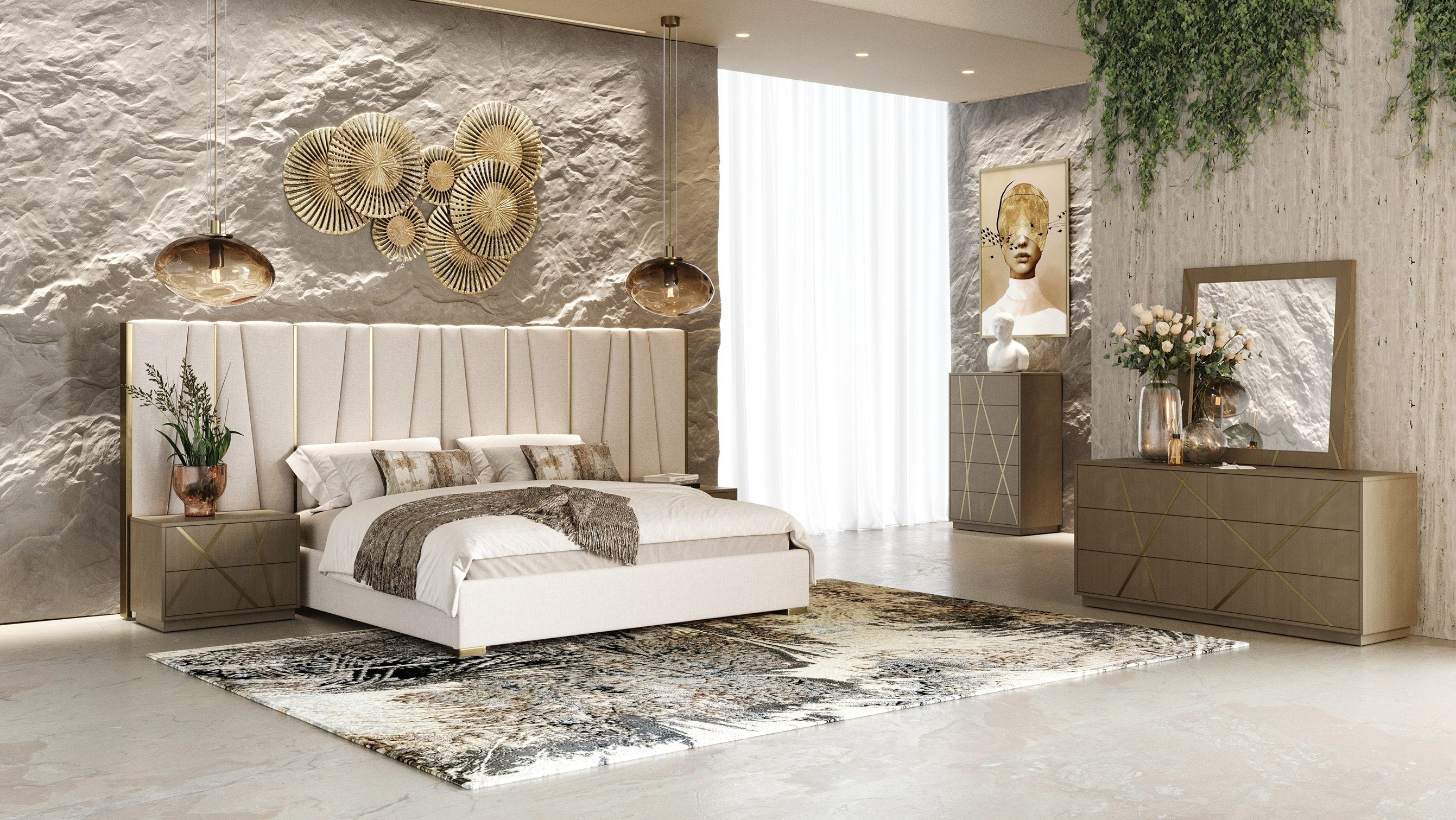 Nixa - Modern Beige Velvet + Brushed Bronze Bed - Modern Beige Velvet + Brushed Bronze Bed