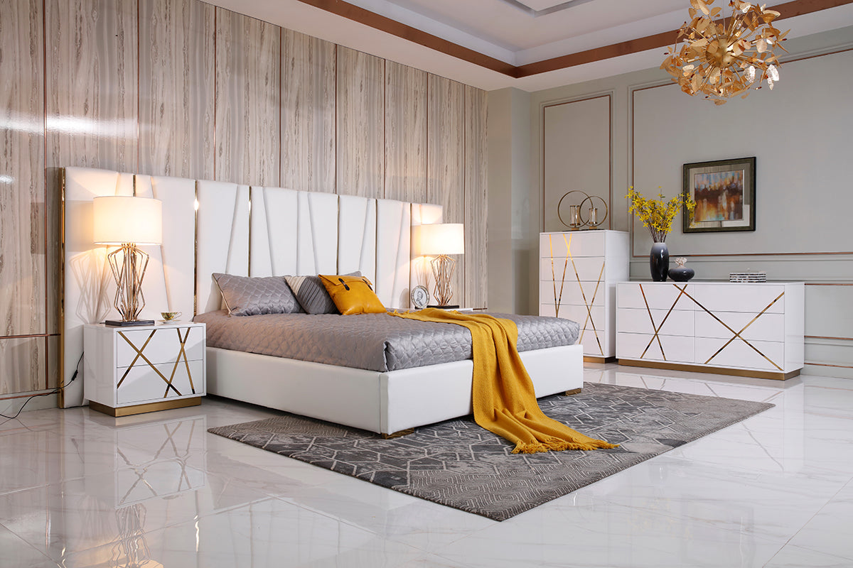 Queen Nixa Modern White Bonded Leather & Gold Bed