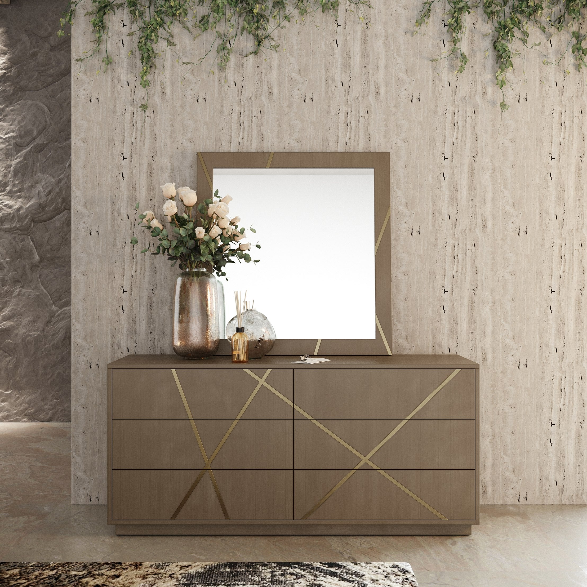 Eastern King Nixa - Modern Beige Velvet + Brushed Bronze + Birch 4-Piece Bedroom Set - Modern Beige Velvet + Brushed Bronze + Birch 4 - Piece Bedroom Set
