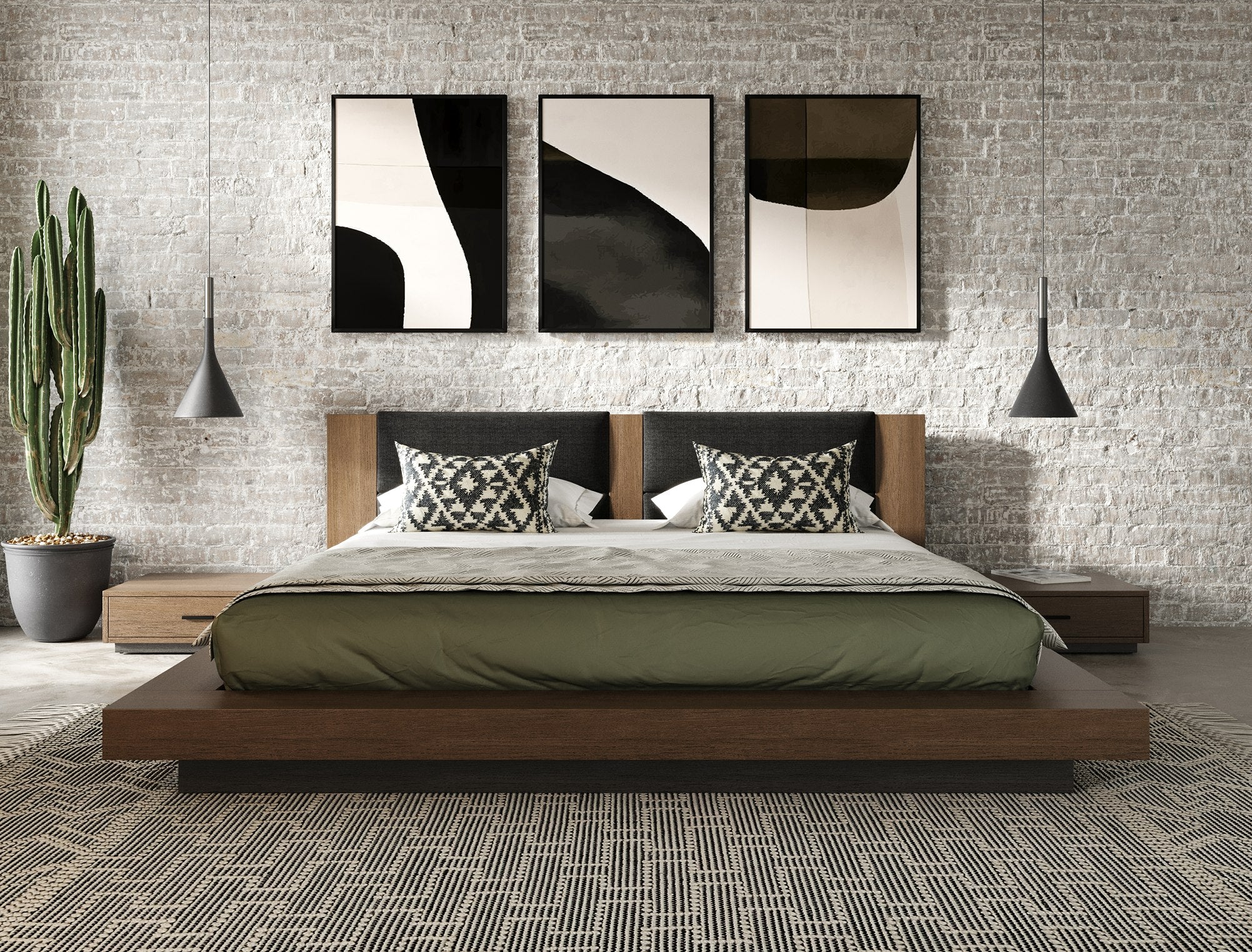 Fantasia - Dark Walnut/Dark Grey Bed and Two Nightstands - Dark Walnut/Dark Grey Bed and Two Nightstands