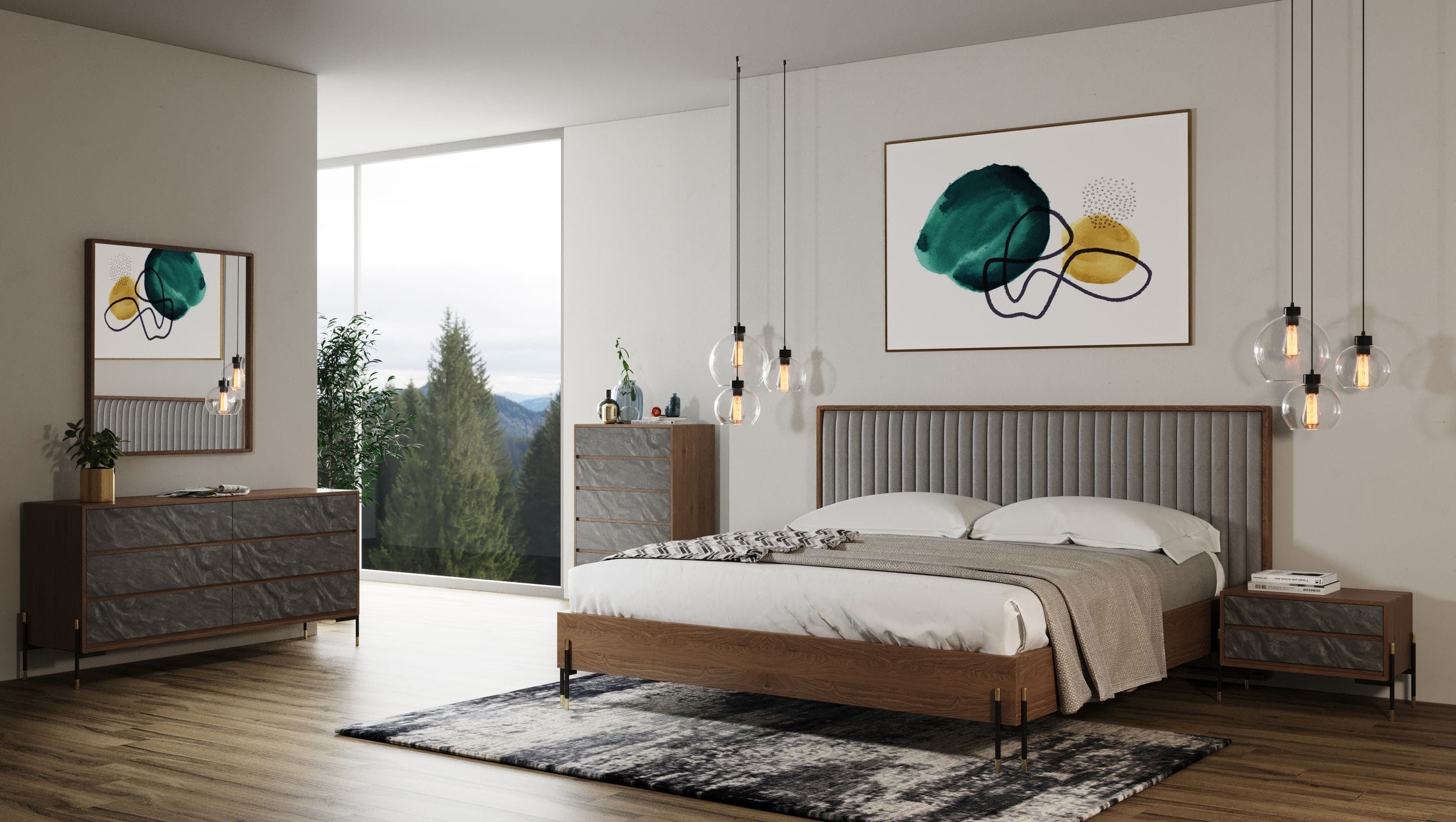Metcalf - Mid-Century Walnut & Grey Bedroom Set - Mid - Century Walnut & Grey Bedroom Set