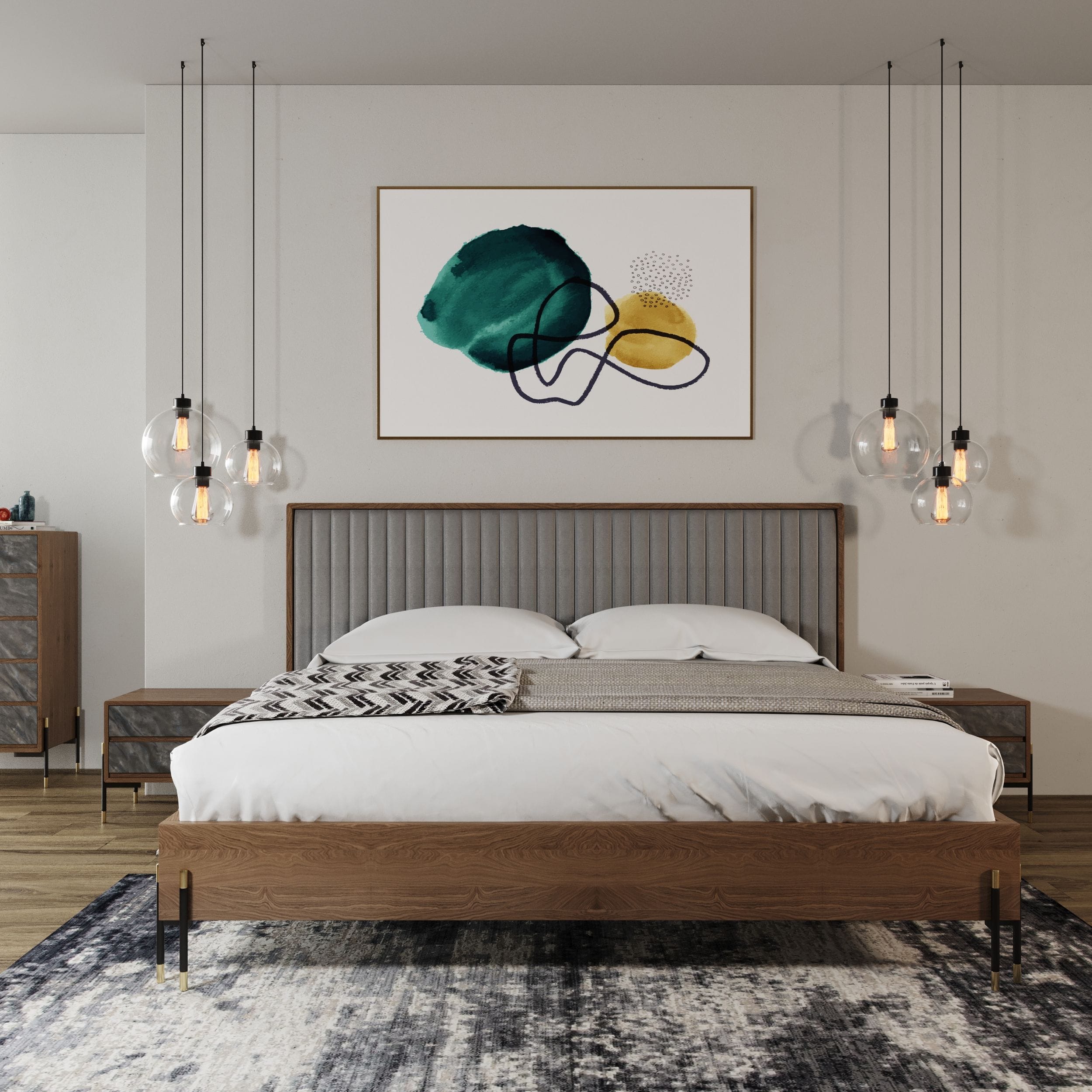 Metcalf - Mid-Century Walnut & Grey Bed with Two Nightstands - Mid - Century Walnut & Grey Bed with Two Nightstands