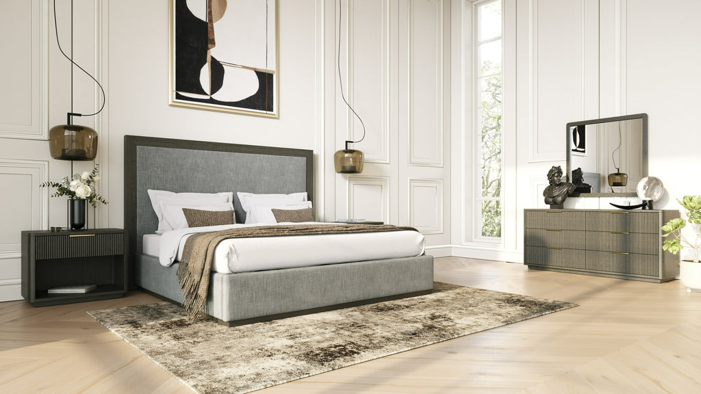 Eastern King Santa Barbara + Santa Monica - Modern Grey Fabric + Grey Wash Bedroom Set - Modern Grey Fabric + Grey Wash Bedroom Set