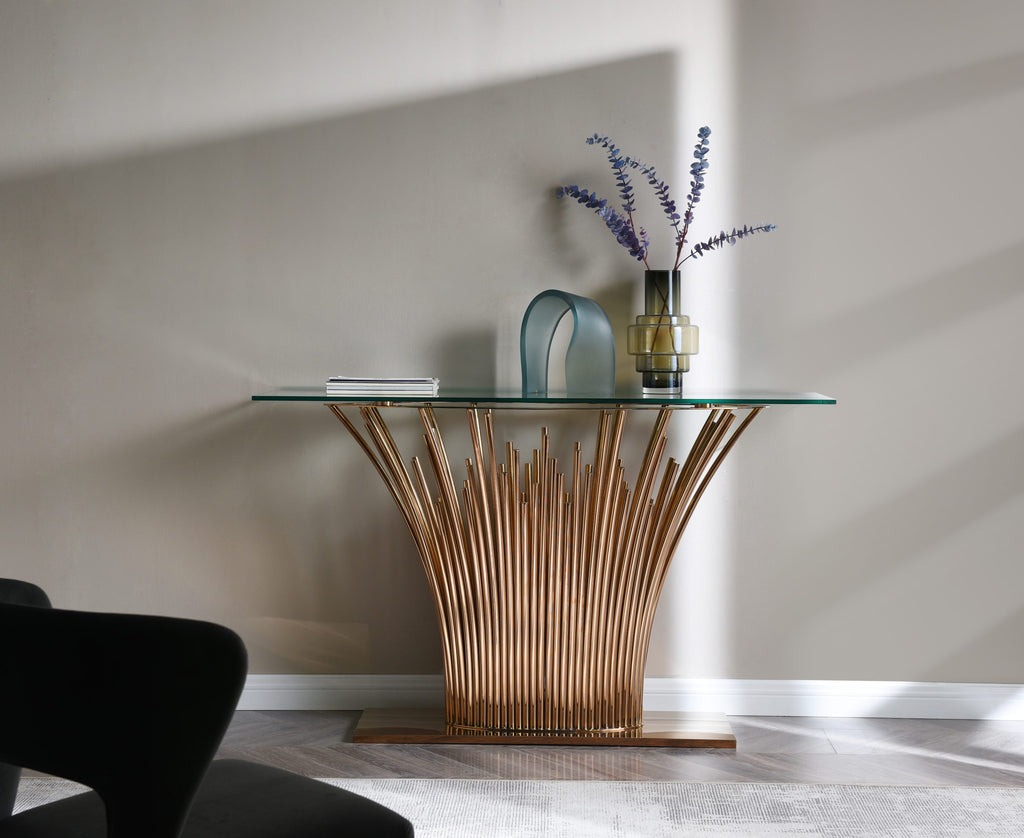 Paxton - Modern Glass + Rosegold Console Table