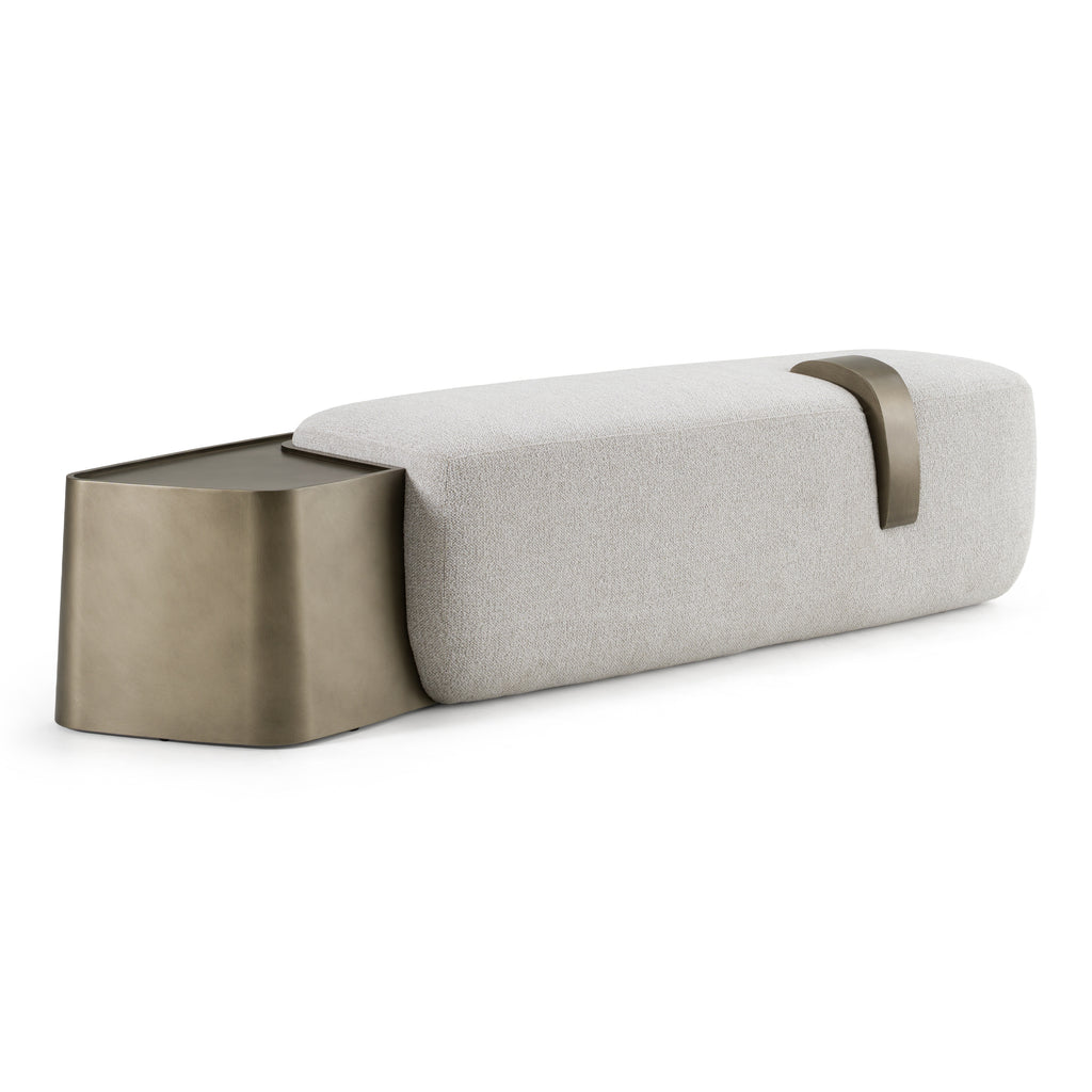 Rainier - Contemporary Off-White Fabric + Antique Brass Bench with Tray Table