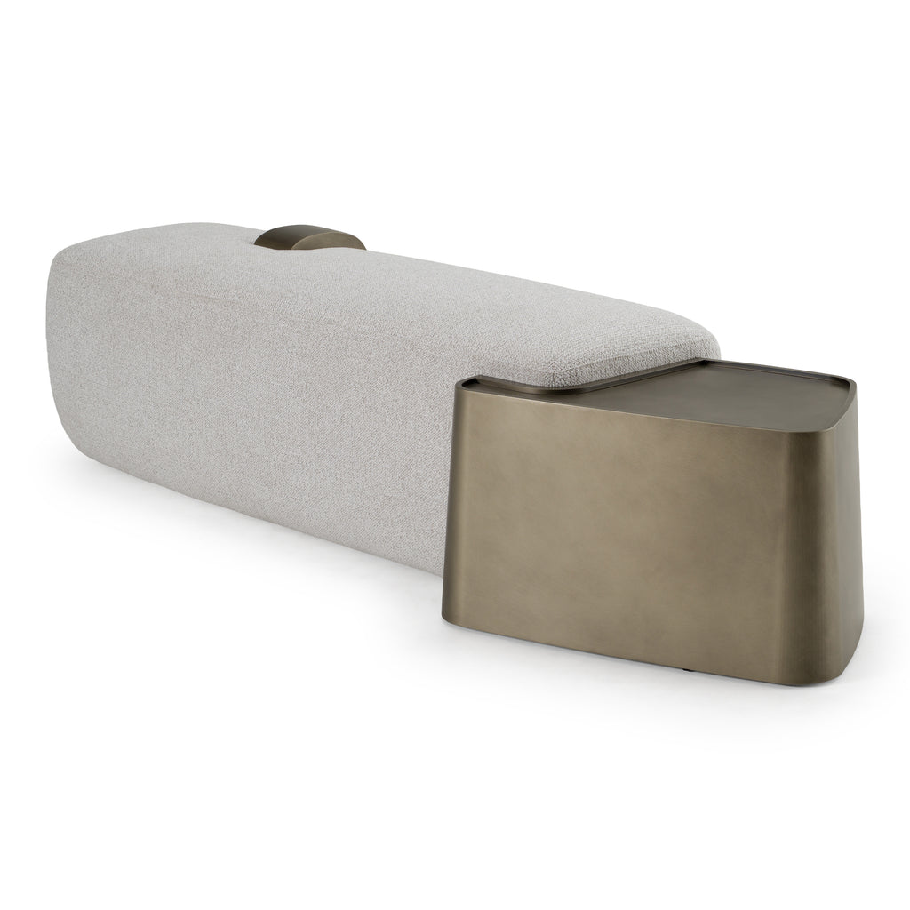 Rainier - Contemporary Off-White Fabric + Antique Brass Bench with Tray Table