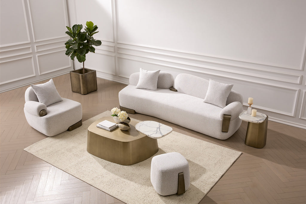 Rainier - Contemporary Off-White Fabric + Antique Brass Ottoman