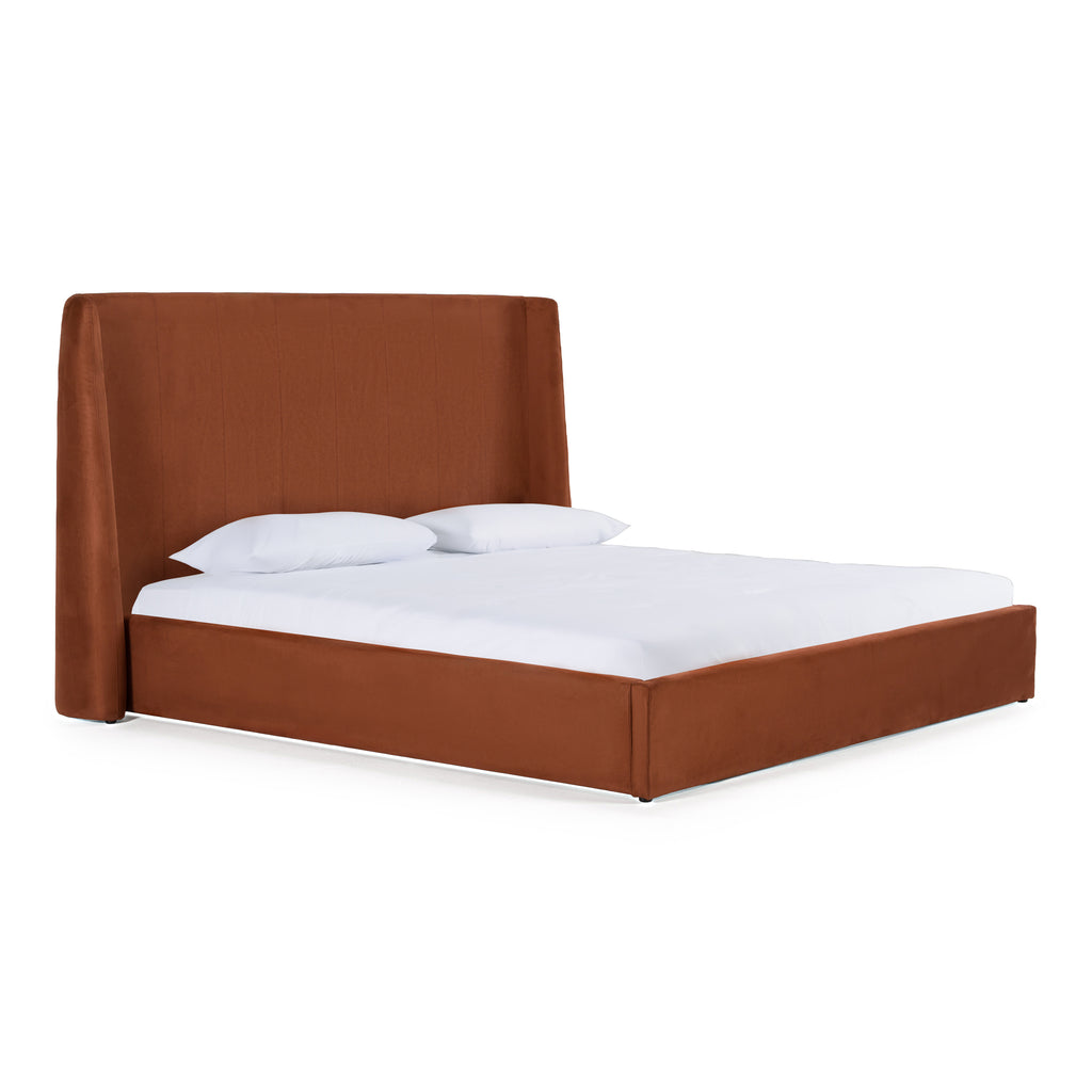 Roma + Lago - Modern Burnt Orange Velvet + Faux Travertine Bed + Nightstands Set - Modern Burnt Orange Velvet + Faux Travertine Bed + Nightstands Set