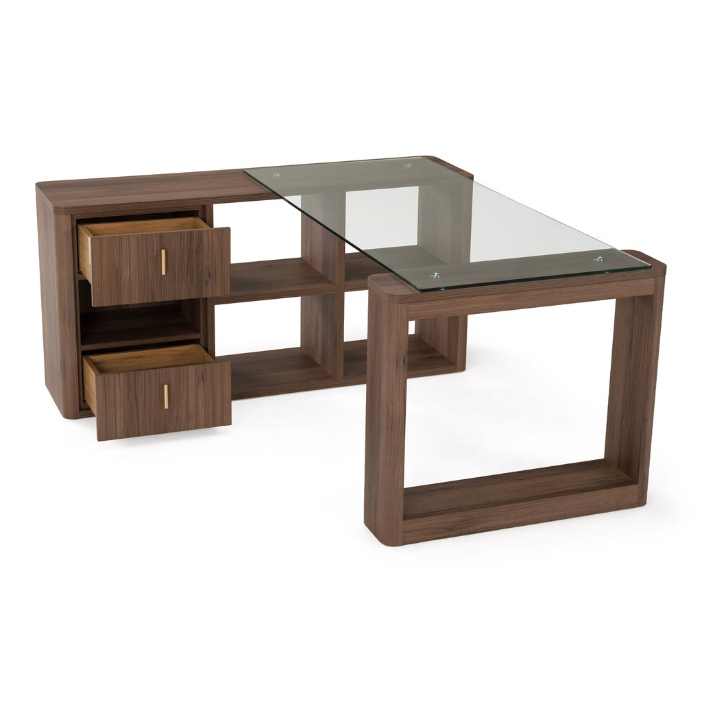 Roma - Modern Glass + Walnut Reversible Desk