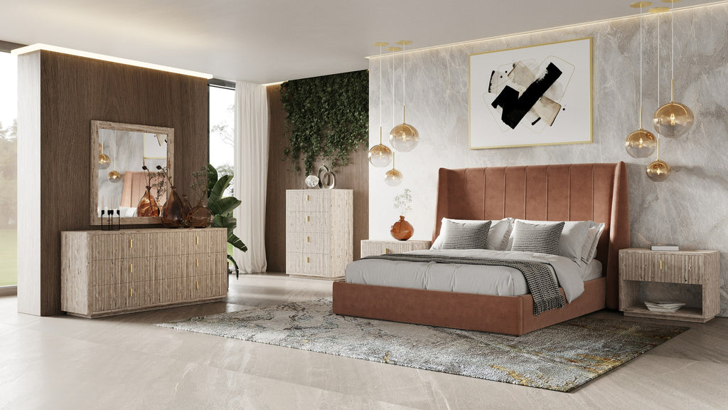 Roma - Modern Burnt Orange Microfiber Upholstered Bed - Modern Burnt Orange Microfiber Upholstered Bed