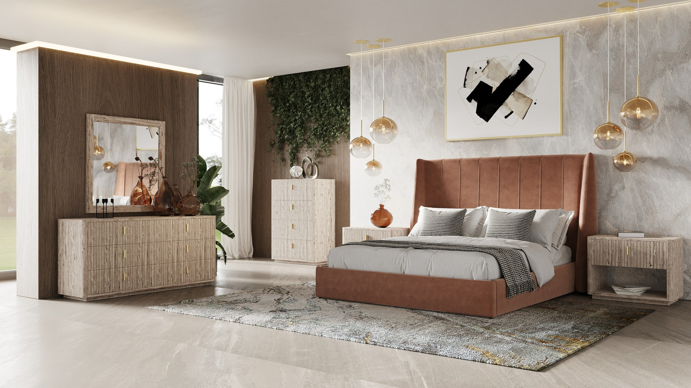 Roma - Modern Burnt Orange Microfiber Upholstered Bed - Modern Burnt Orange Microfiber Upholstered Bed