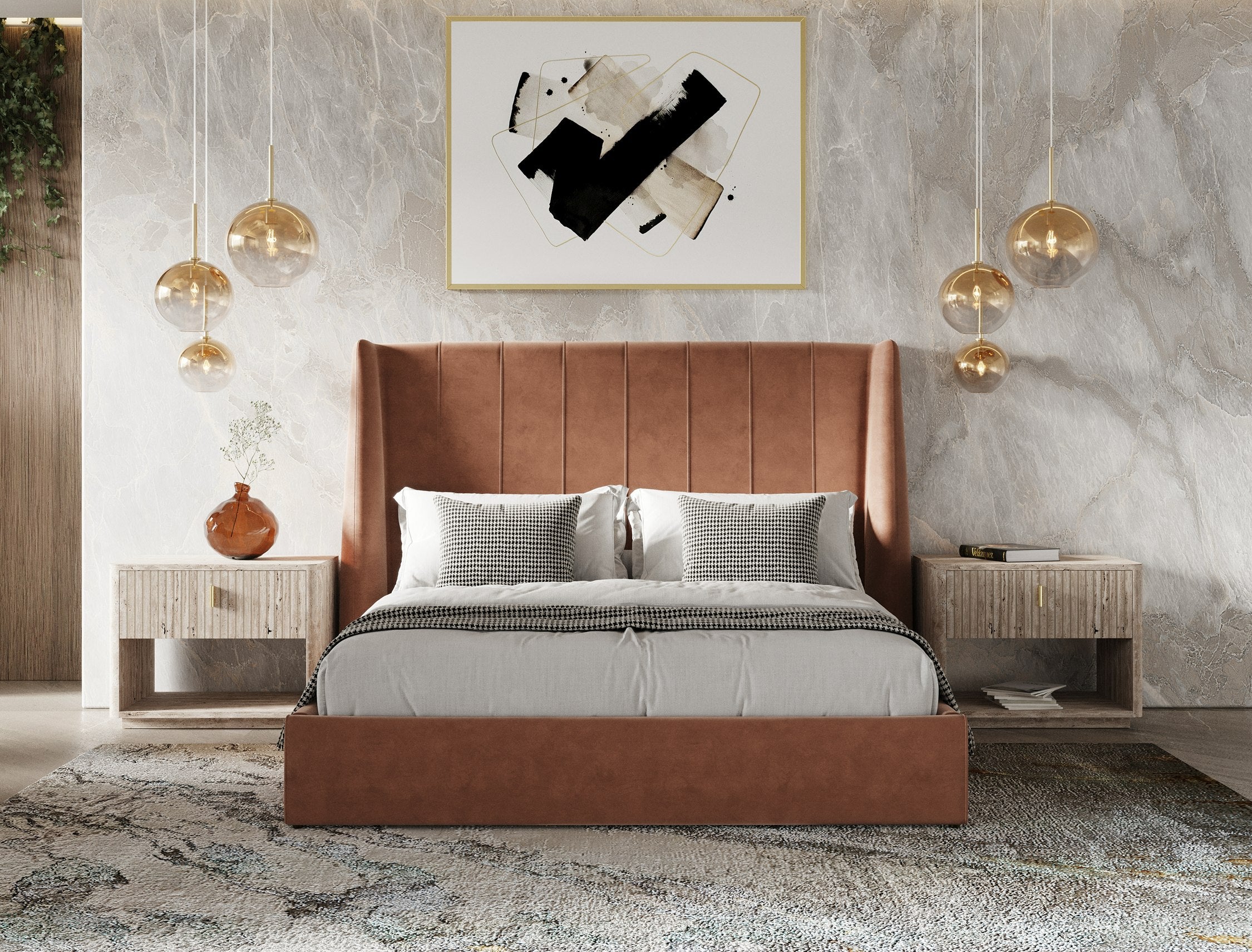 Roma - Modern Burnt Orange Microfiber Upholstered Bed - Modern Burnt Orange Microfiber Upholstered Bed