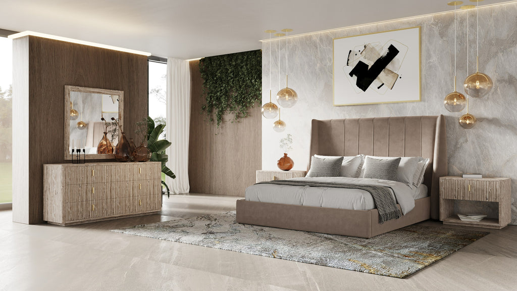 Eastern King Roma - Modern Taupe Microfiber Upholstered Bed - Modern Taupe Microfiber Upholstered Bed