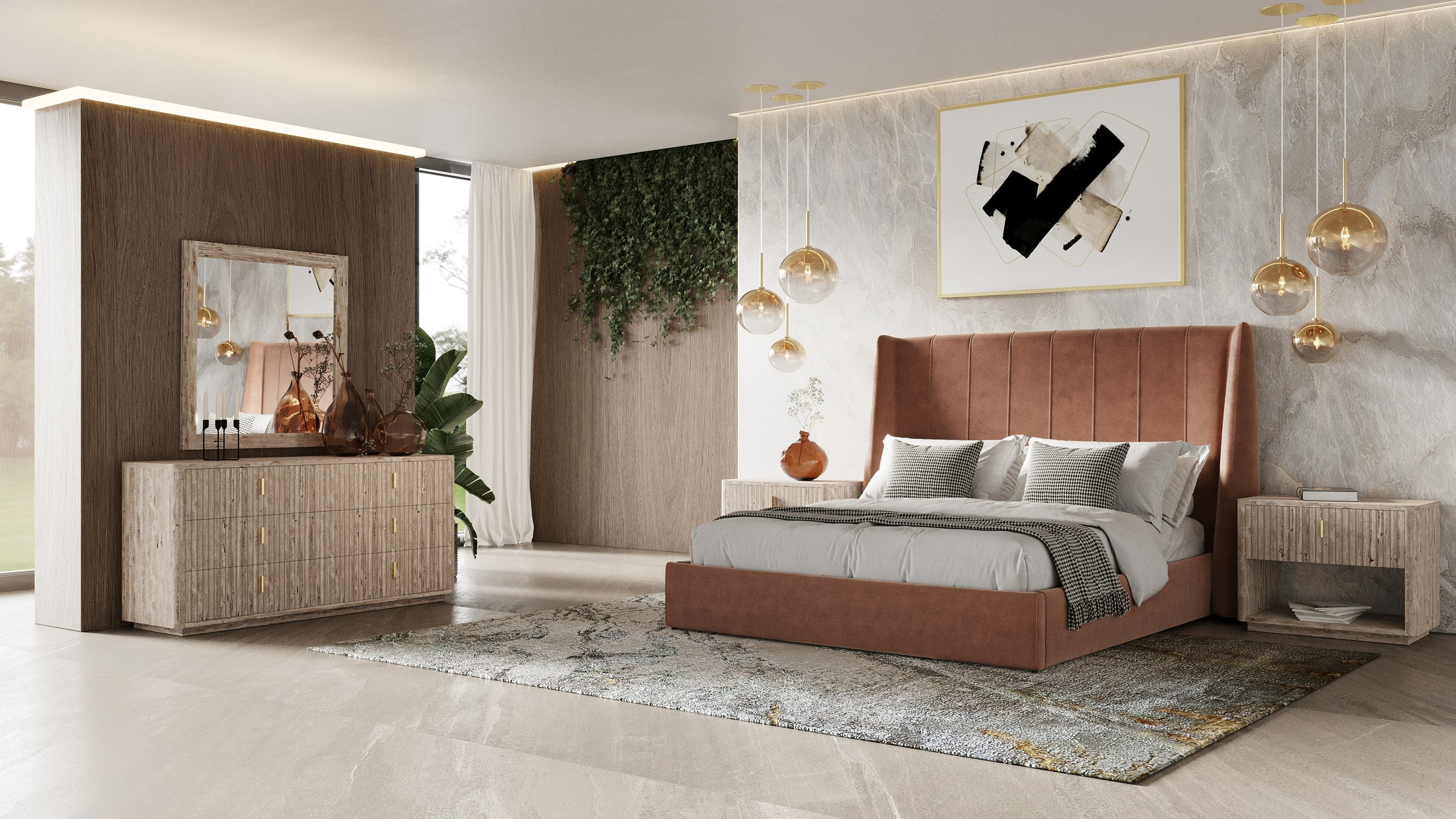 Roma - Modern Burnt Orange Microfiber Upholstered Bed - Modern Burnt Orange Microfiber Upholstered Bed