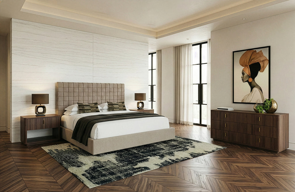 Eastern King Rousey - Modern Taupe Fabric Bed - Modern Taupe Fabric Bed