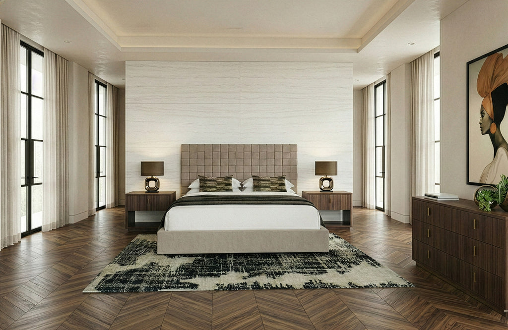 Eastern King Rousey - Modern Taupe Fabric Bed - Modern Taupe Fabric Bed
